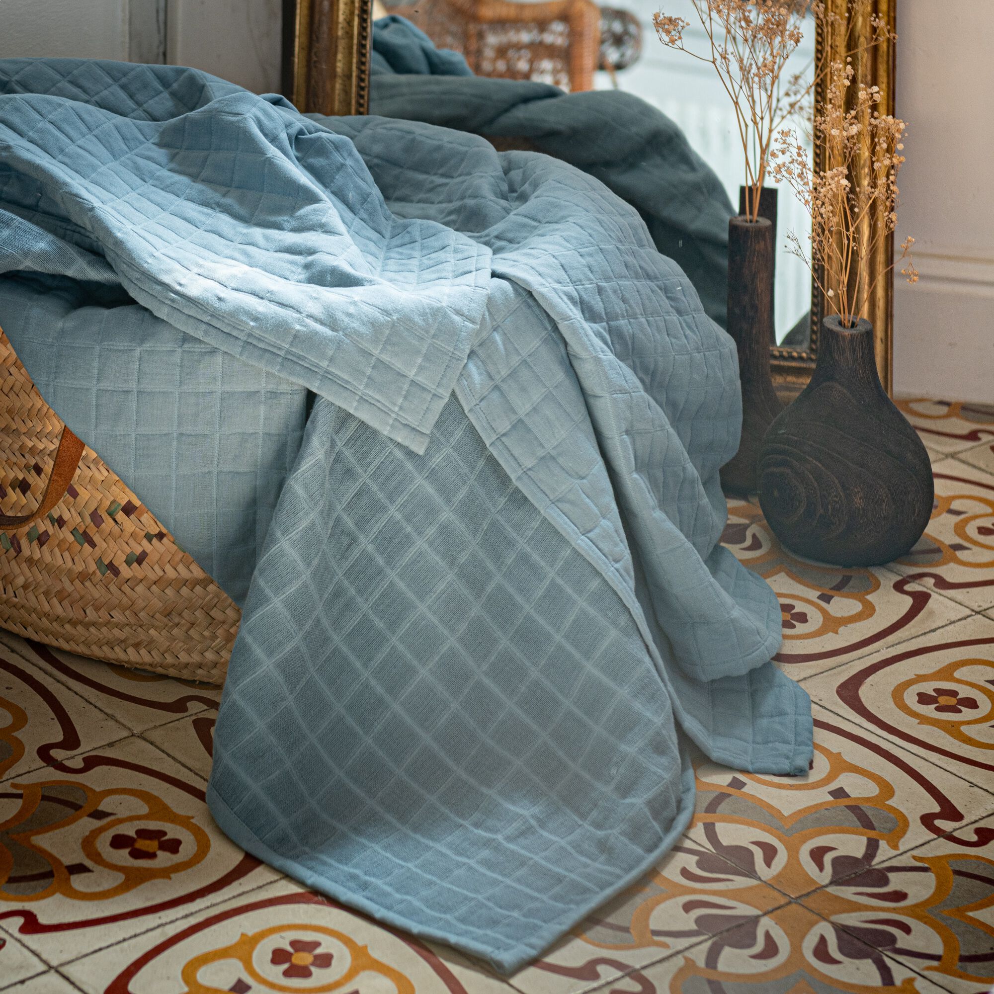 ESTATE - Plaid tissage carreaux en coton 120x170cm - bleu autan