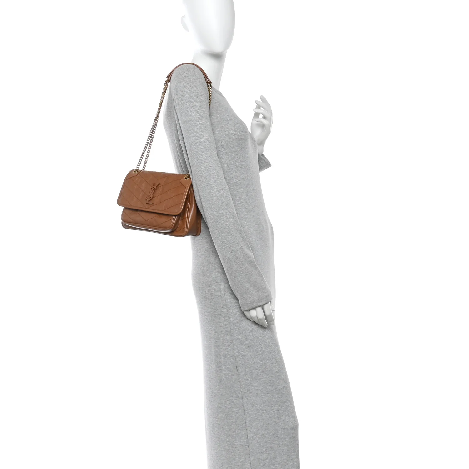 Crinkled Calfskin Matelasse Monogram Baby Niki Chain Satchel Light Caramel