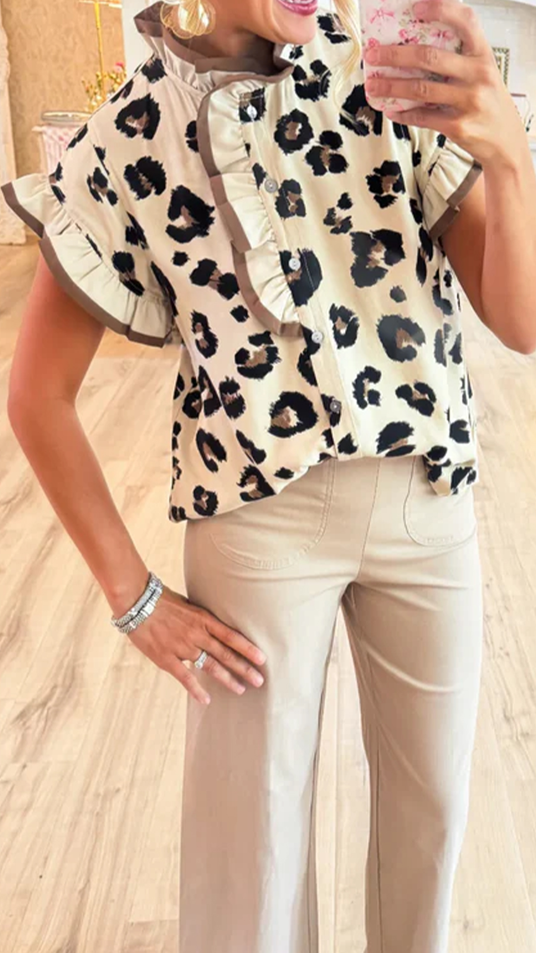 Women's  Leopard Patchwork Ruffled Edge Loose Short Sleeve Shirt - Nordfashionstorm - Women's Clothing, Fashion for You - Nordfashionstorm.com