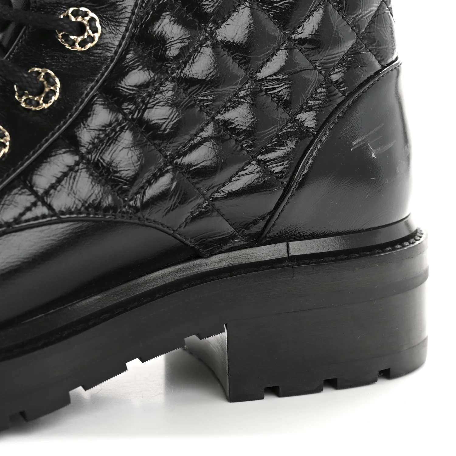 Shiny Lambskin Quilted Lace Up Combat Boots 37 Black - Top Club