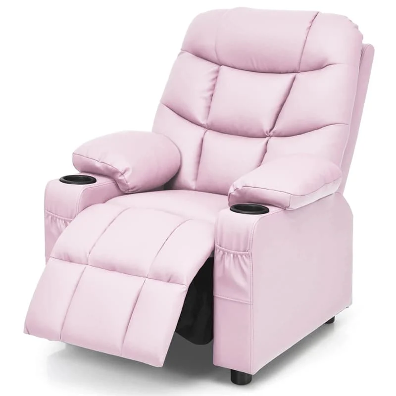 Kids Recliner Chair PU Leather Adjustable Lounge Sofa with Cup Holder, 3 Pockets & Retractable Footrest, Ergonomic Toddler Furniture Sofa