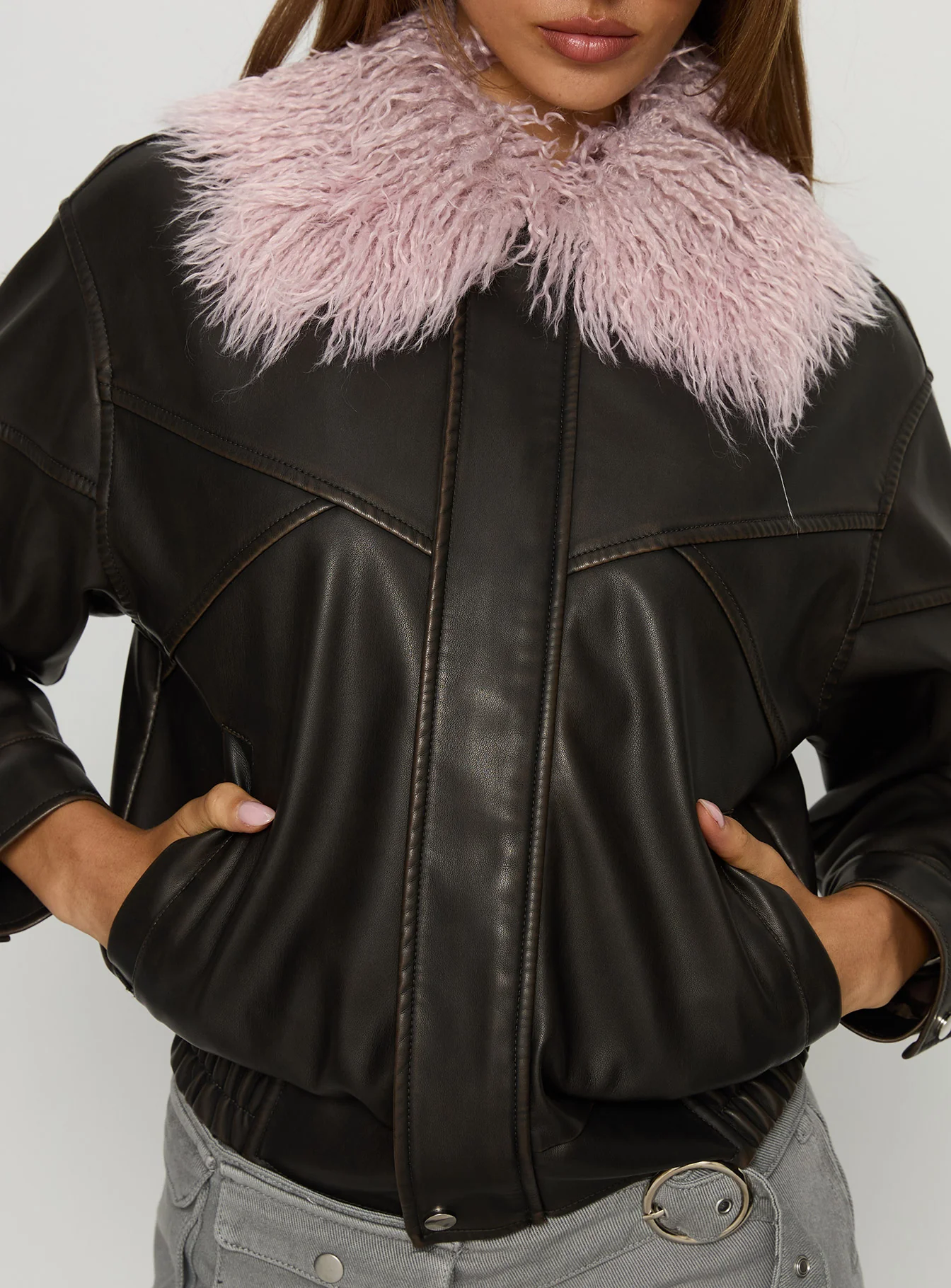 Brittanni Fluffy Collar Jacket Brown / Pink