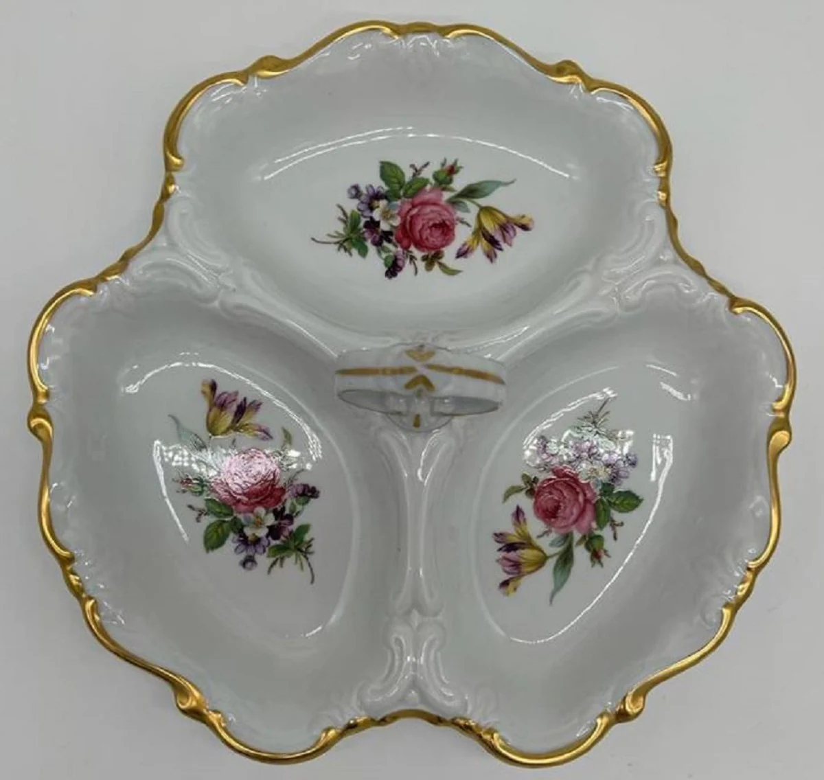 Luxury Baroque Porcelain Serving Bowl with Carrying Handle White / Multicolored / Gold Ø 25 cm - Pastry & Nut Bowl - Luxury Baroque Accessories - Reichenbach Porcelain - Made in Germany