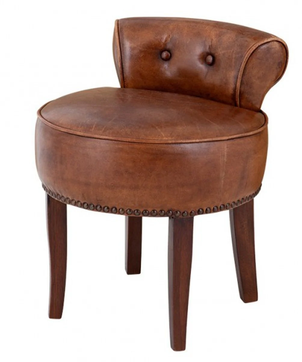 Designer stool chair made of solid oak wood genuine leather brown - Chesterfield colonial style shabby country house baroque dressing table chair leather furniture