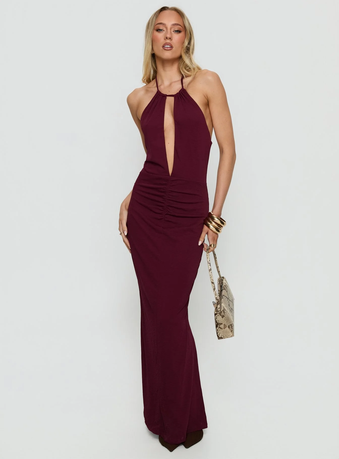 Lyssa Halter Plunge Maxi Dress Plum