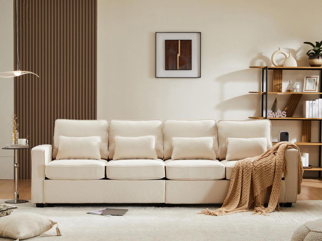 Sofá fijo de 4 plazas en tejido de lino - con bolsillos laterales - beige