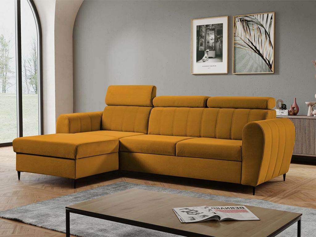 Sofá rinconero Temple 126, Amarillo, Función de descanso, Caja de ropa de cama, 262x175cm