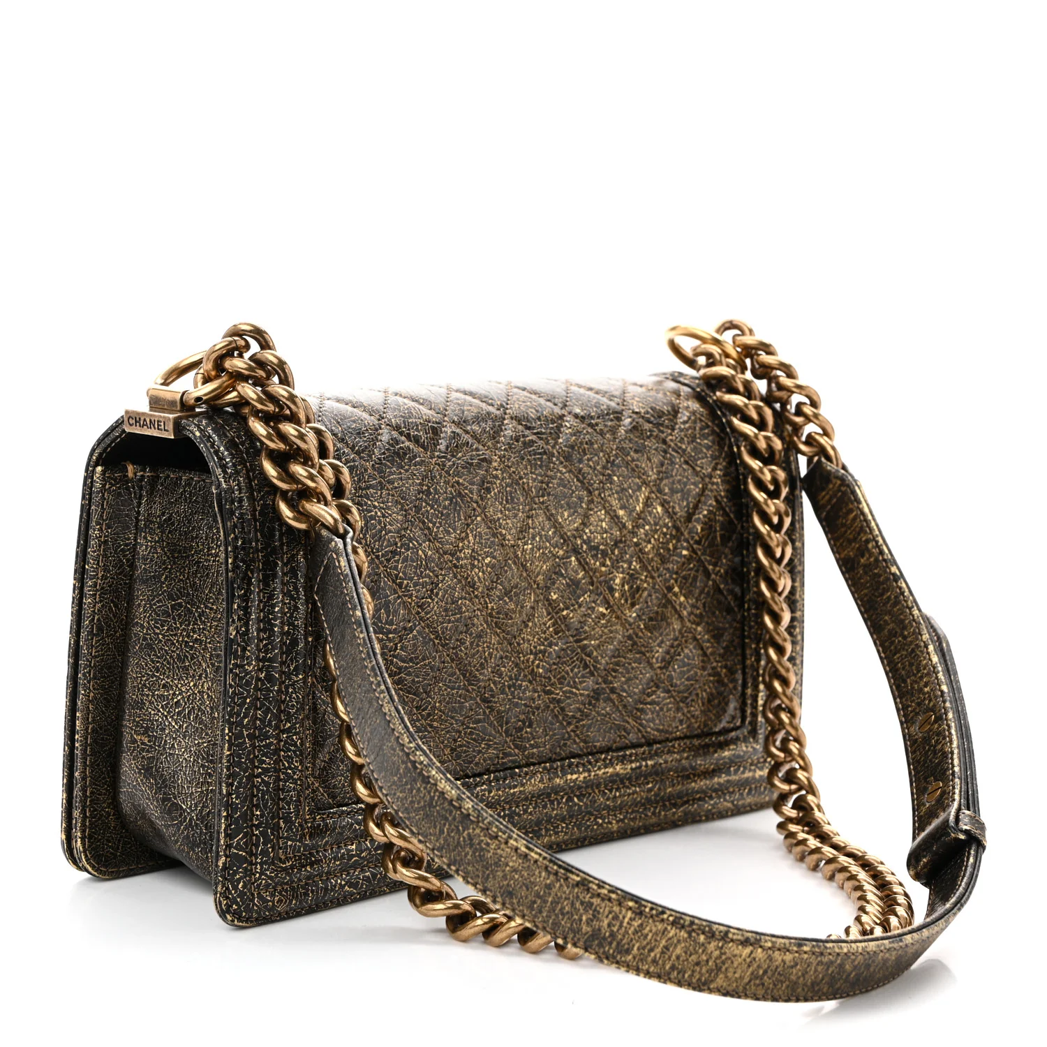 Cracked Metallic Calfskin Quilted Medium Boy Flap Gold - Top Club