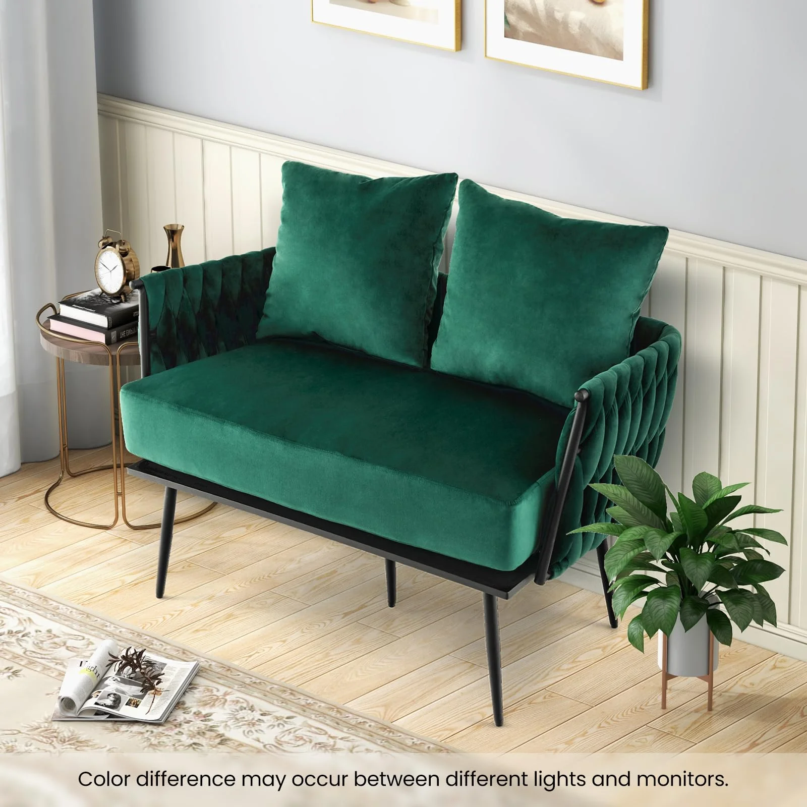 BEFOUNDLOVELY 43” Loveseat Sofa, Modern Upholstered 2-Seat Sofa with 2 Back Pillows, Woven Backrest & Armrest