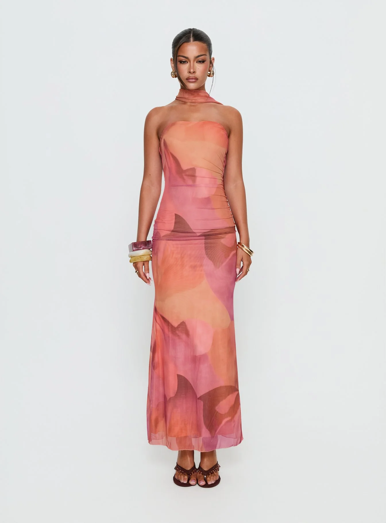 Davynn Scarf Detail Strapless Maxi Dress Pink Multi