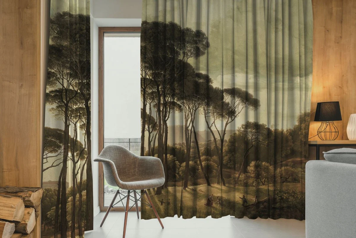 Luxury curtain set landscape multicolored 250 x H. 290 cm - Printed linen & velvet curtains - Eyelet curtains - Sliding curtains - Luxury quality