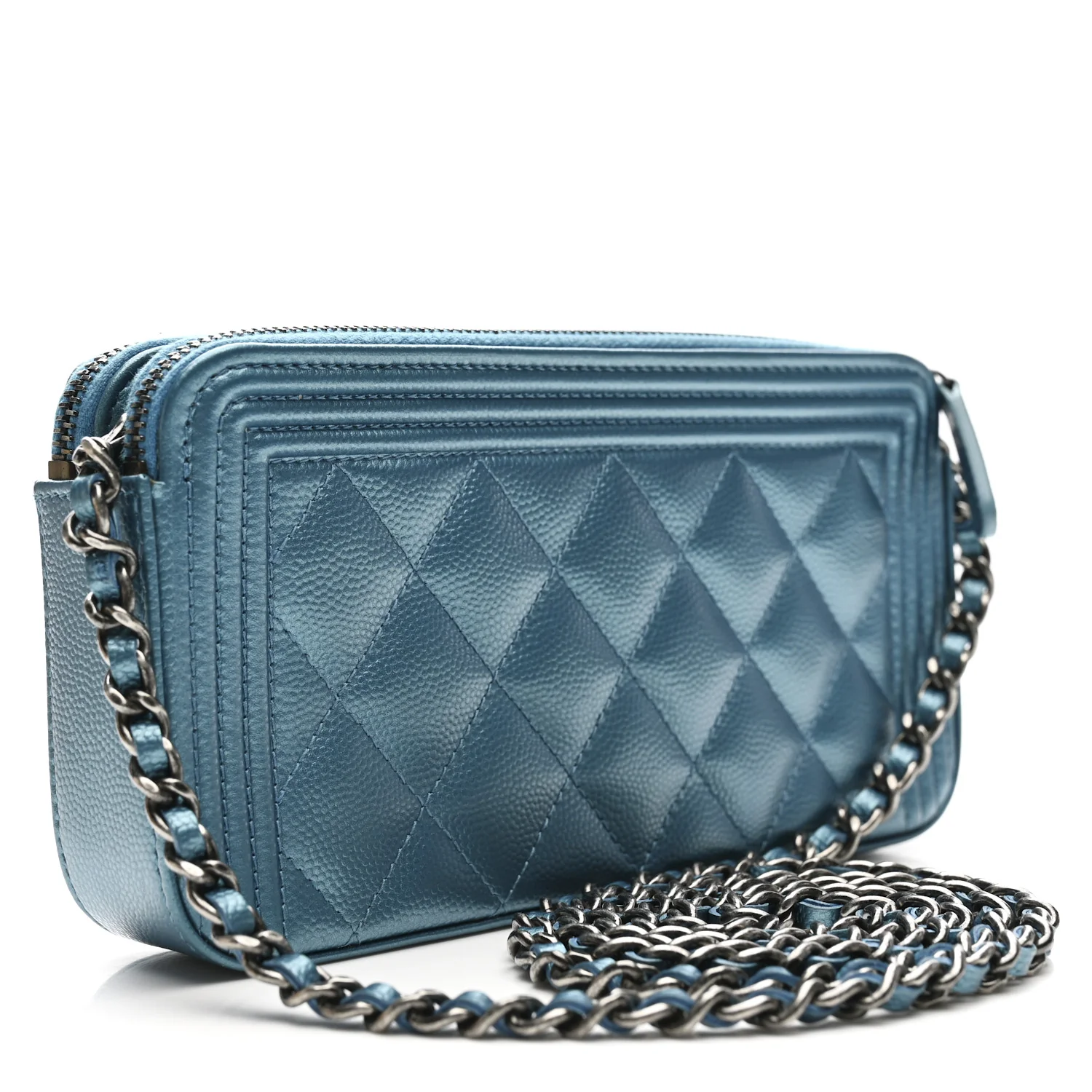 Metallic Caviar Quilted Small Boy Clutch With Chain Turquoise - Top Club