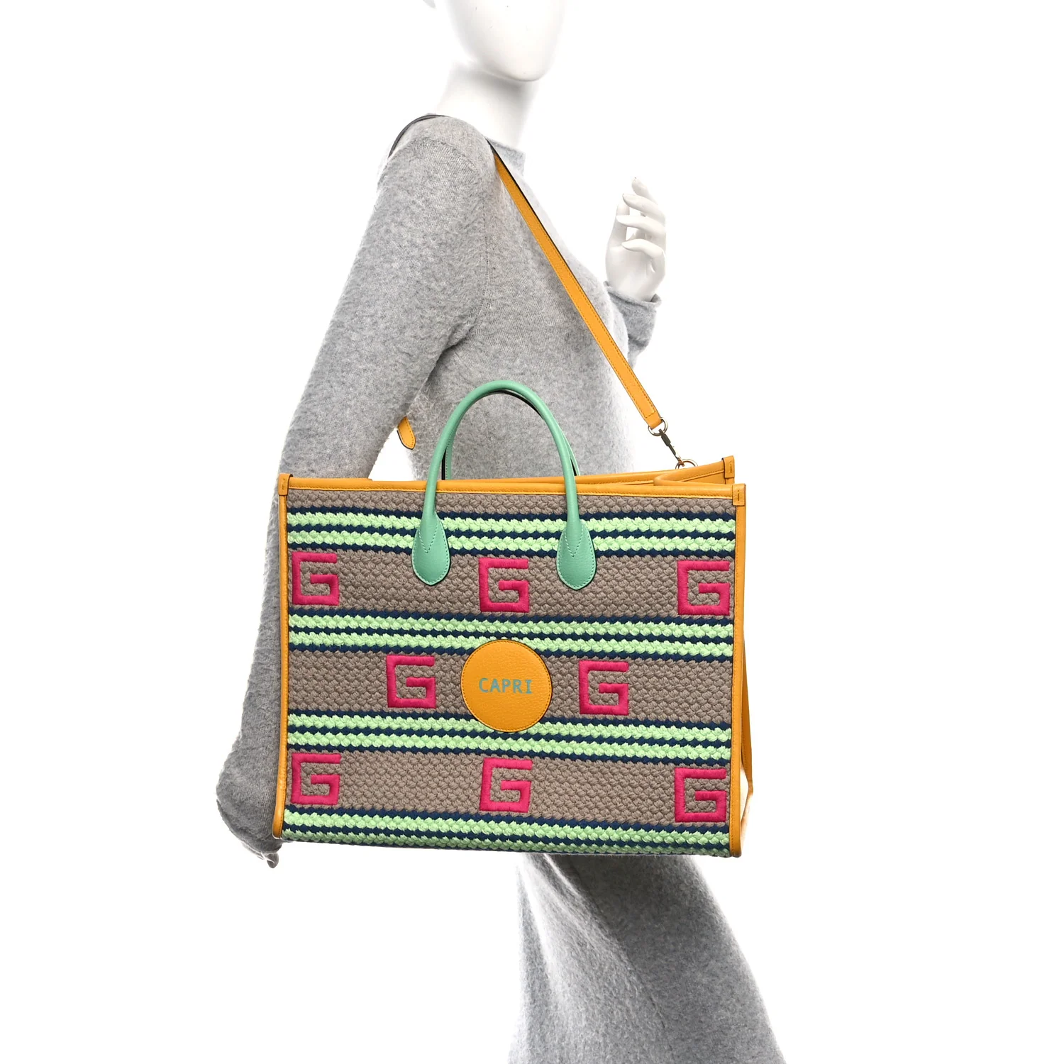 Fabric Embroidered Capri Striped Tote Bag Yellow - Top Club