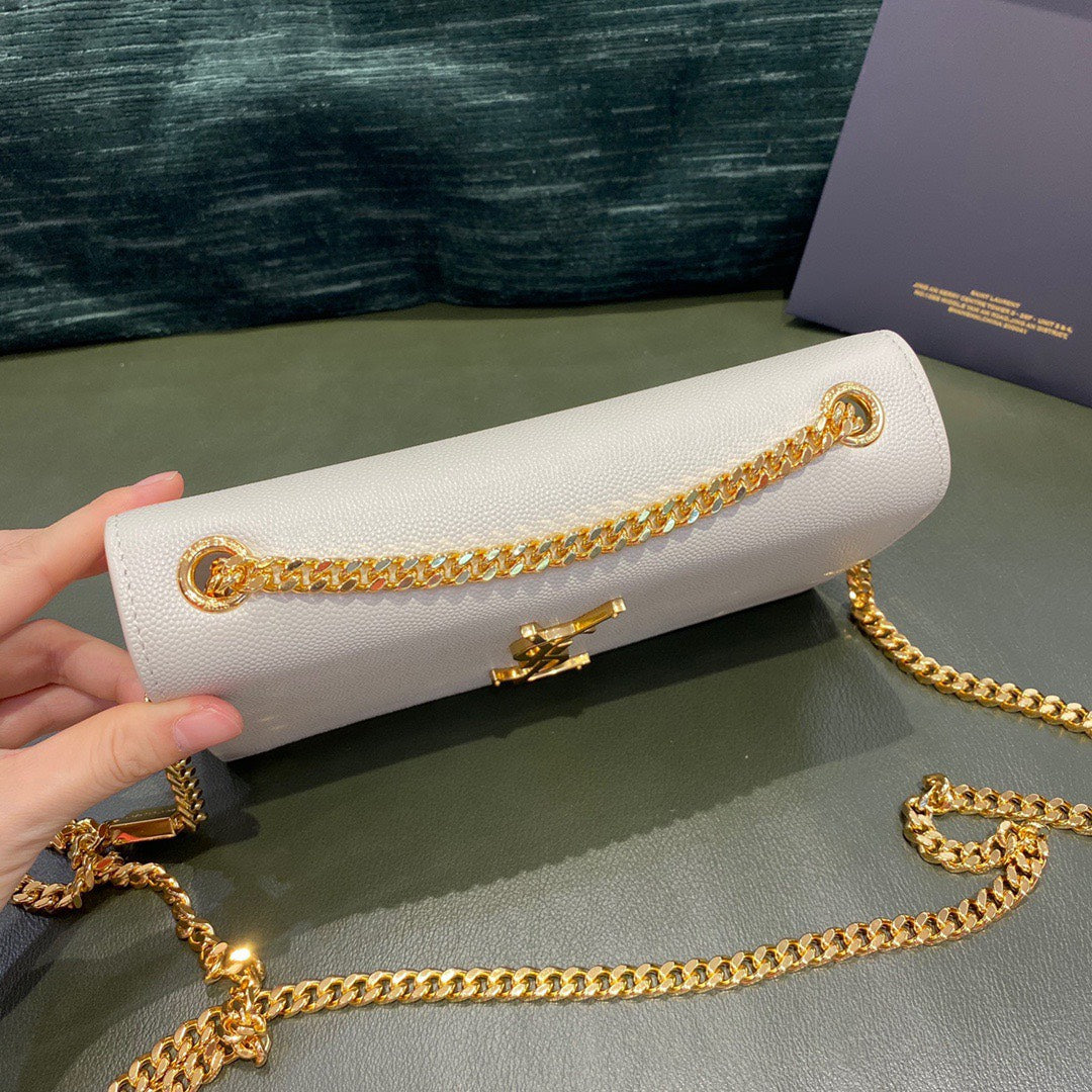 YSL Kate Small White Chain Bag In Grain De Poudre Embossed Leather 20 x 12.5 x 5 cm - Top Club