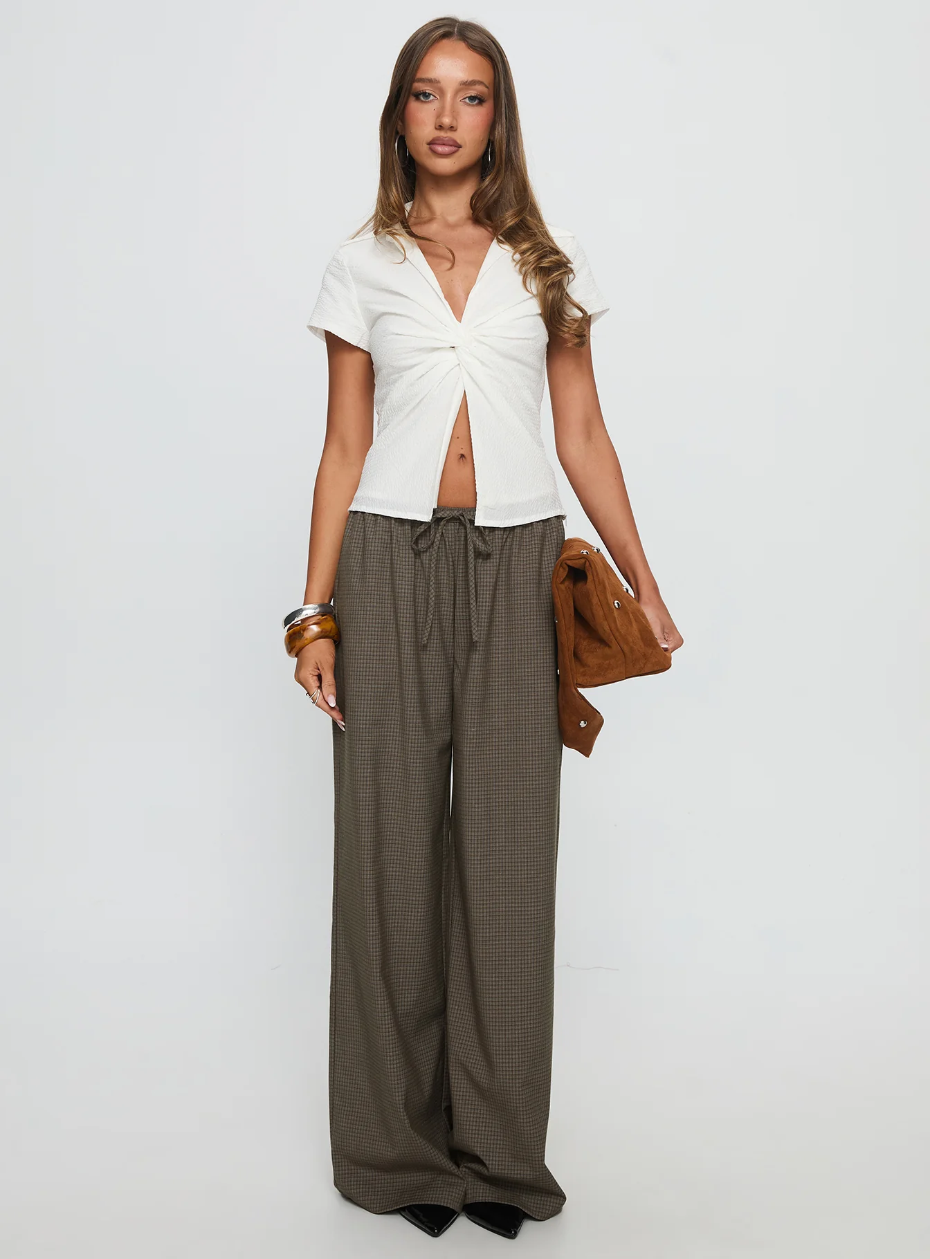 Ketrina Tie Waist Pants Brown Plaid