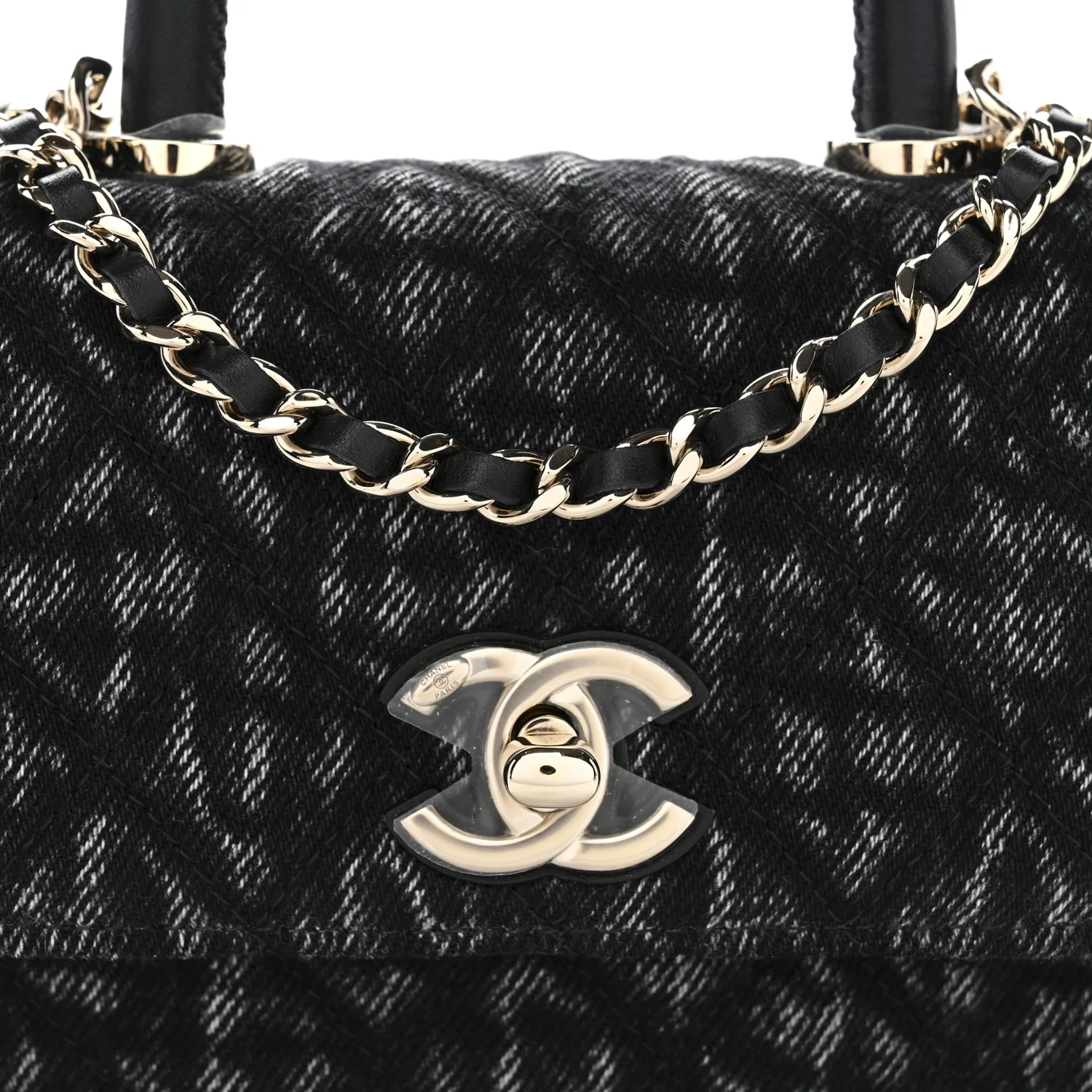Washed Denim Quilted Coco Handle Clutch With Chain Black - Top Club