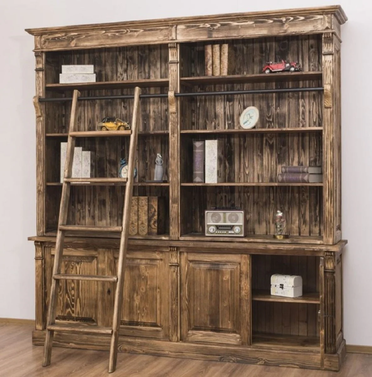Country house style bookcase with ladder brown 223 x 51 x H. 228 cm - solid wood cupboard - living room cupboard - shelf cupboard - office cupboard - country house style furniture