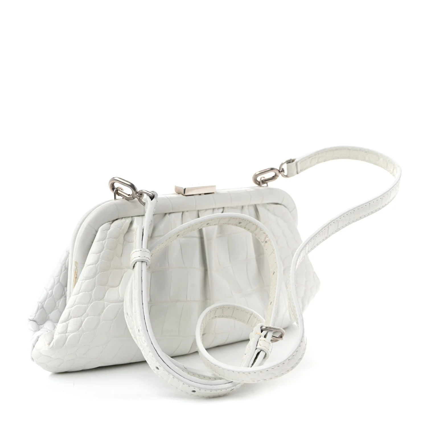 Shiny Supple Calfskin Logo Crocodile Embossed Cloud Clutch XS White - Top Club