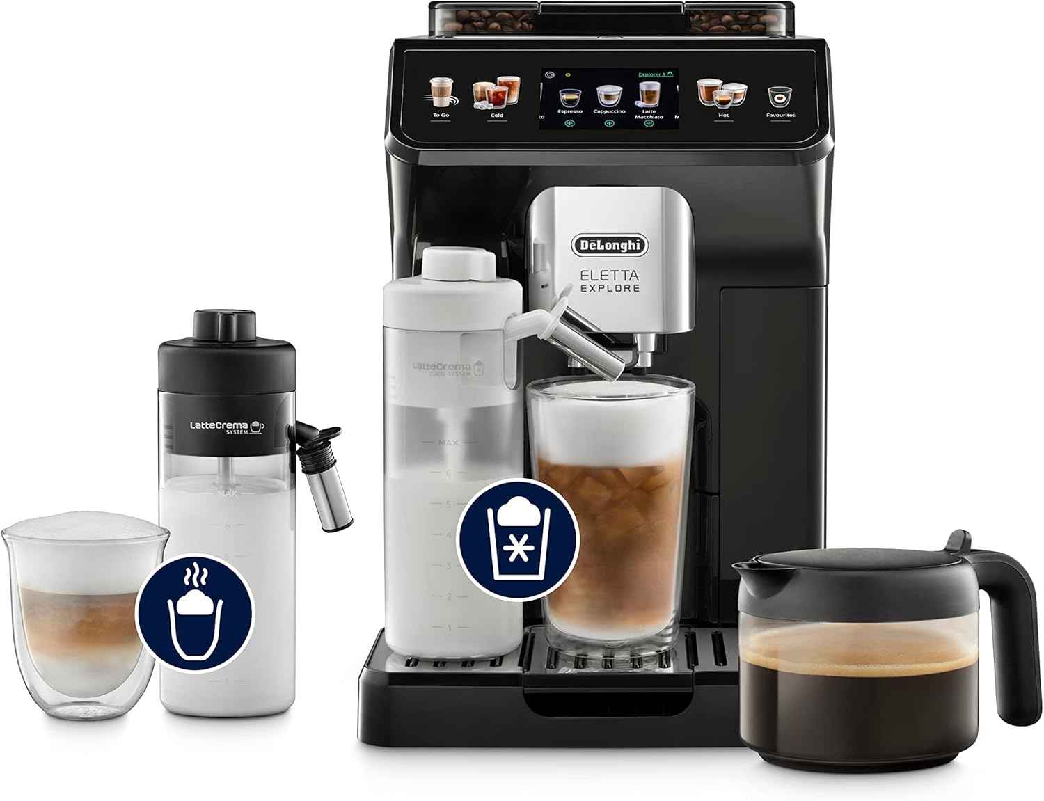 Eletta Explore ECAM452.57.G, Macchina da Caffè Automatica, Schiume di latte calde e fredde in automatico, oltre 40 Bevande, Schermo Touch a Colori, Caraffa Caffè Americano Inclusa, Grigio