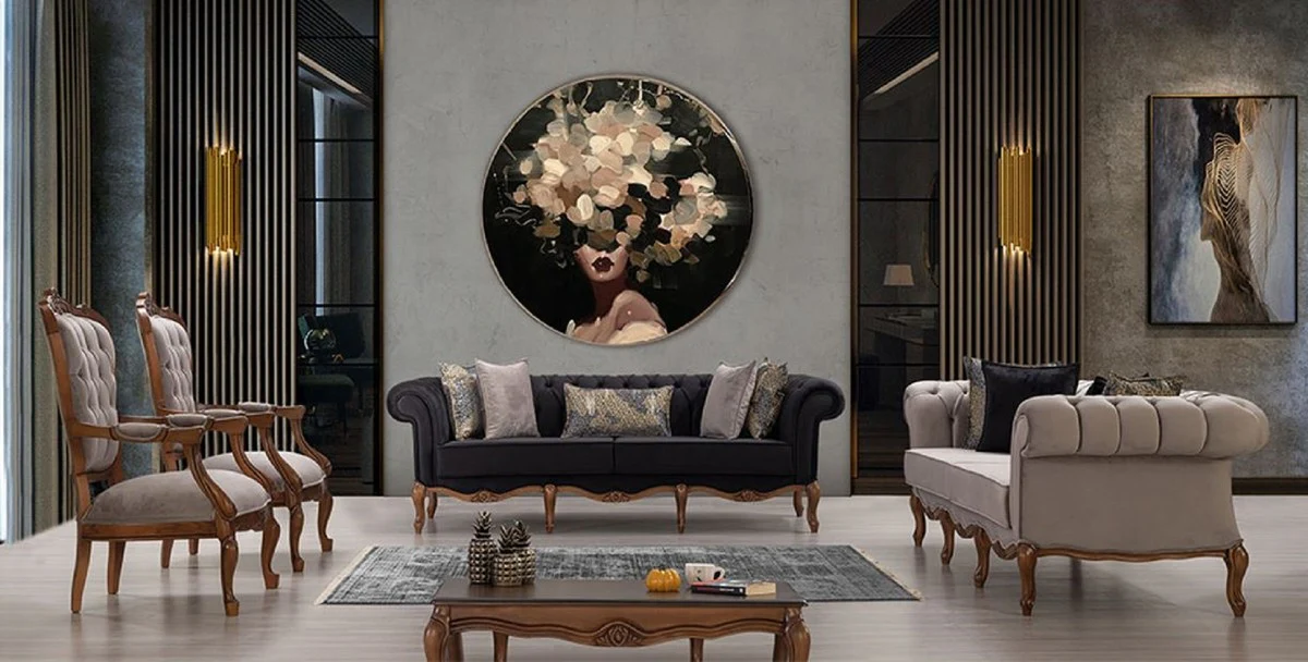 Luxury Baroque Living Room Set Black / Gray / Brown - 2 Sofas & 2 Armchairs & 1 Coffee Table - Living Room Furniture in Baroque Style - Noble & Magnificent