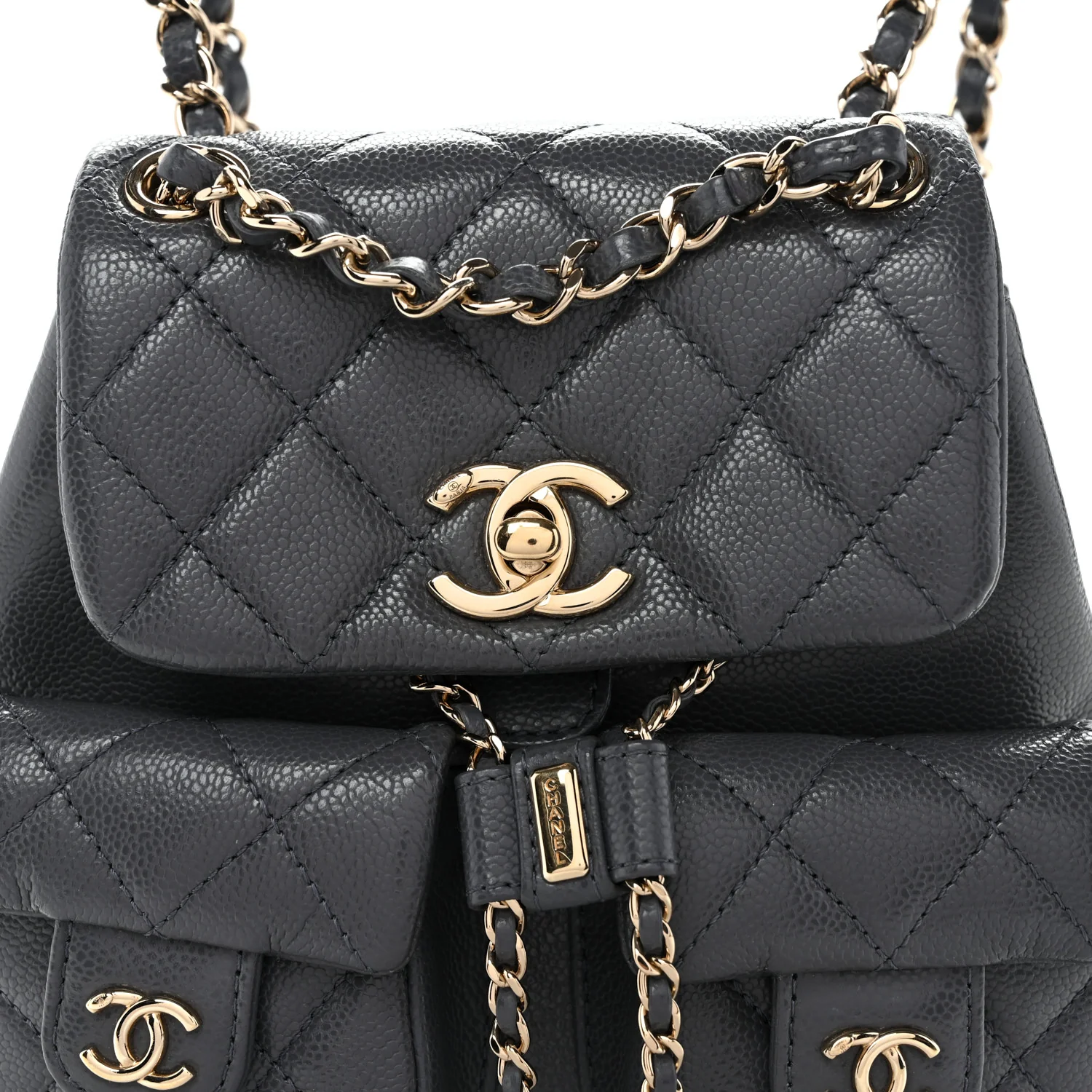 Shiny Caviar Quilted Small Duma Pockets Drawstring Backpack Grey - Top Club