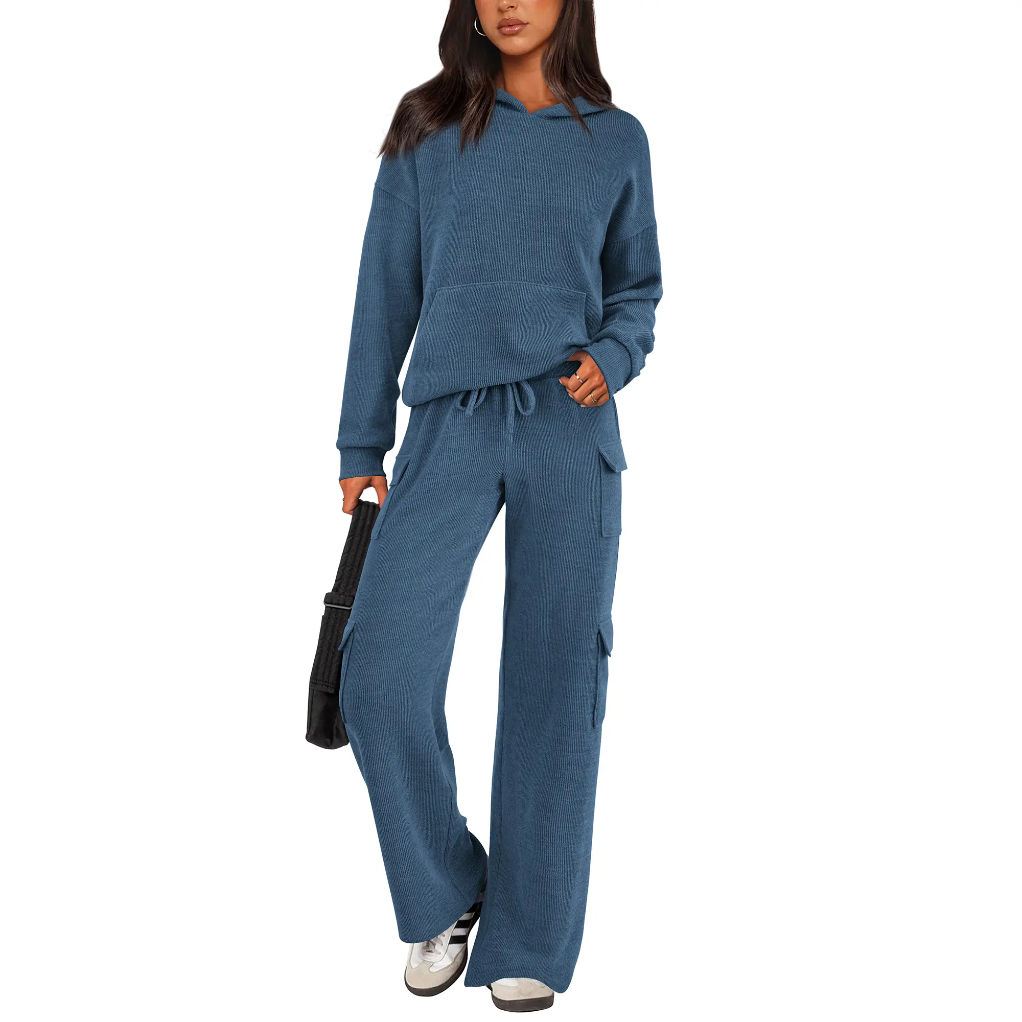 PRETTYGARDEN Women's Navy Blue 2-Piece Knitted Sets Hoodie & Wide Leg Pants with Pockets Drawstring Long Sleeve Loungewear Tracksuits Basic Fitted Clothes