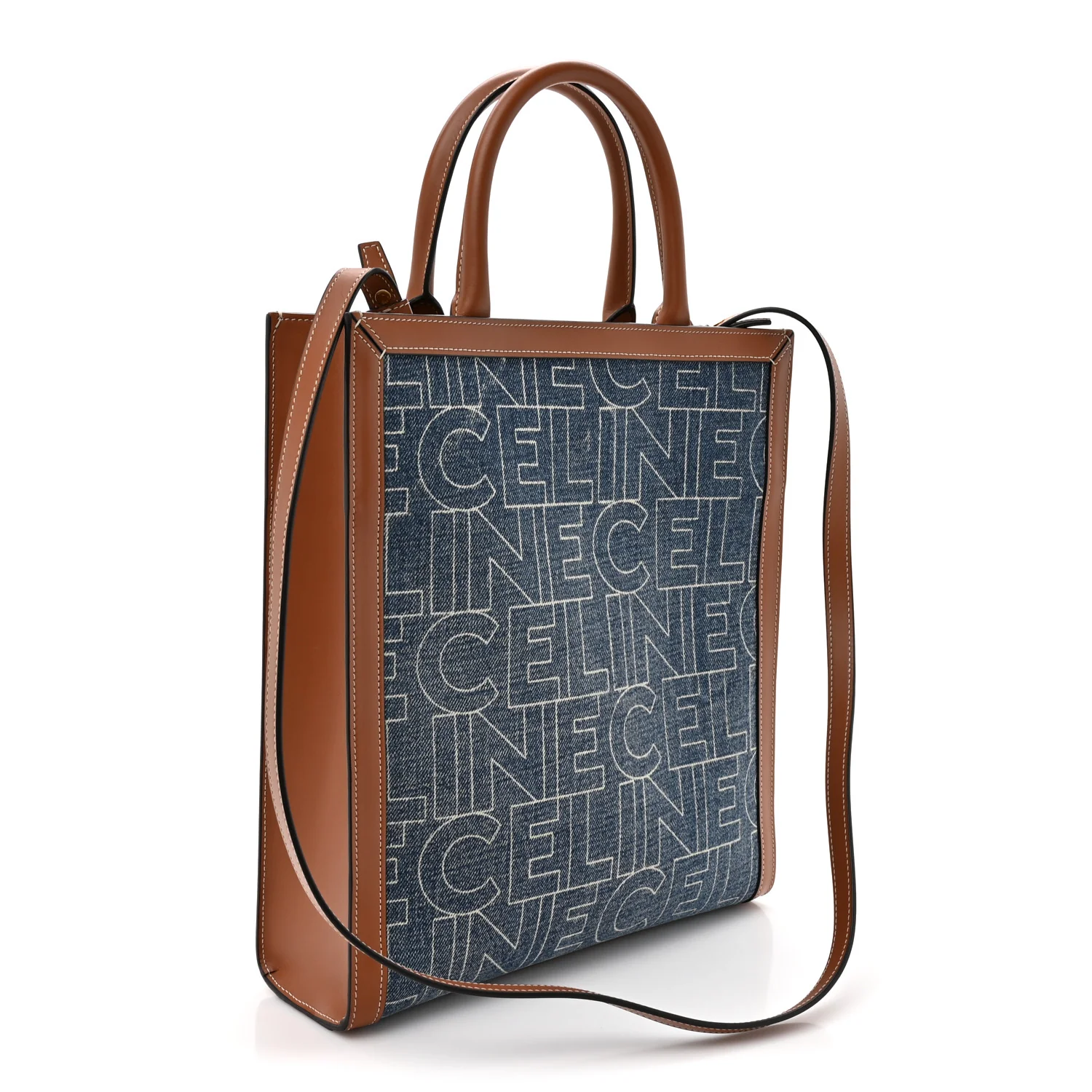 Denim All Over Print Small Vertical Cabas Navy Tan - Top Club