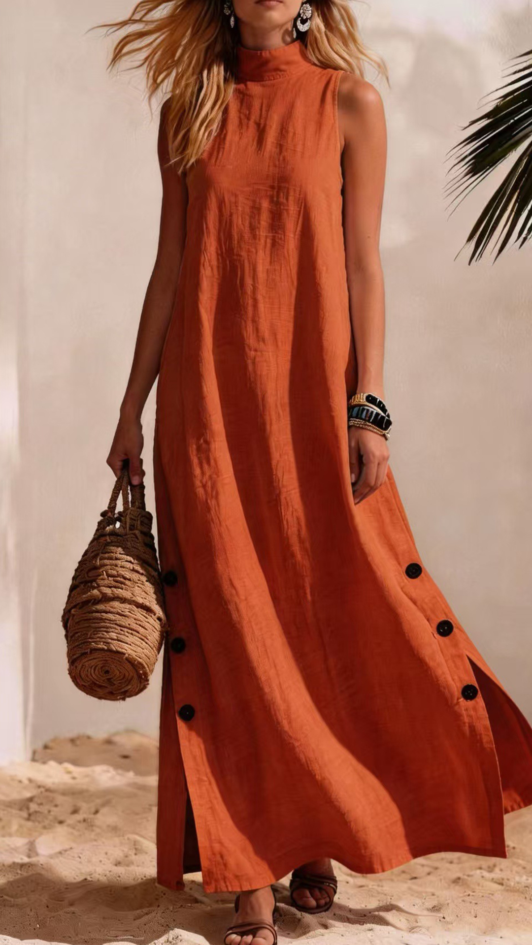 Women's Cotton-Blend High-Neck Sleeveless Slit Maxi Dress - Nordfashionstorm - Women's Clothing, Fashion for You - Nordfashionstorm.com