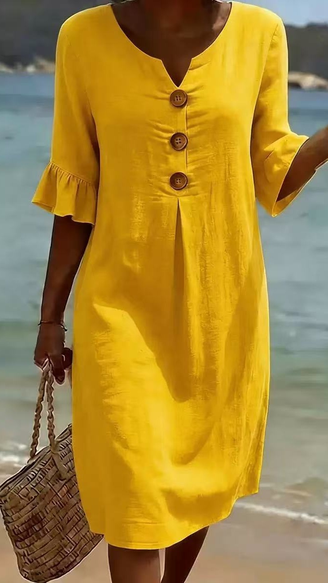 Women's Cotton-Linen Dress with V-Neck, Large Buttons, and Ruffled Sleeves - Nordfashionstorm - Women's Clothing, Fashion for You - Nordfashionstorm.com