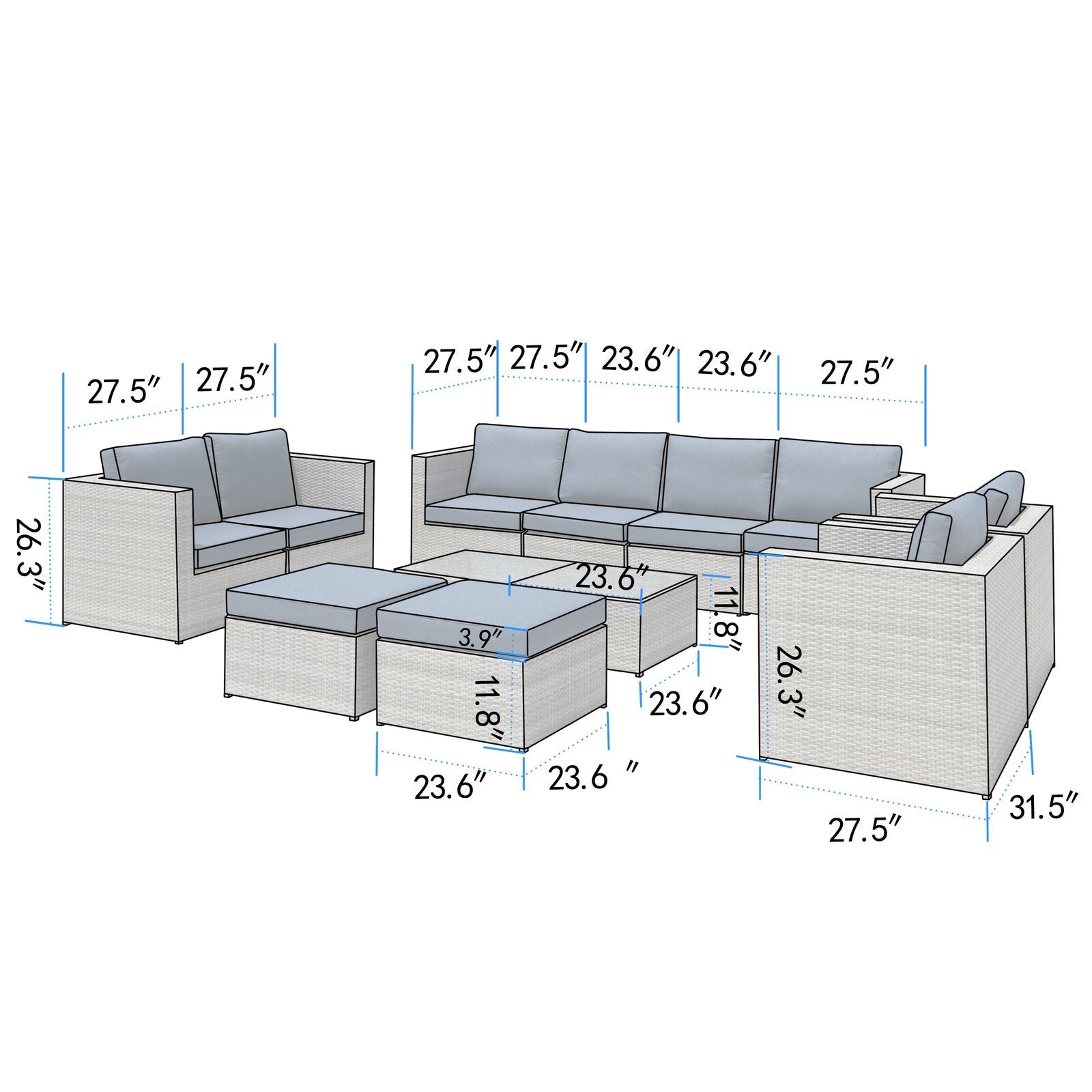 Kylo Wicker/Rattan 10-person seating group with cushions