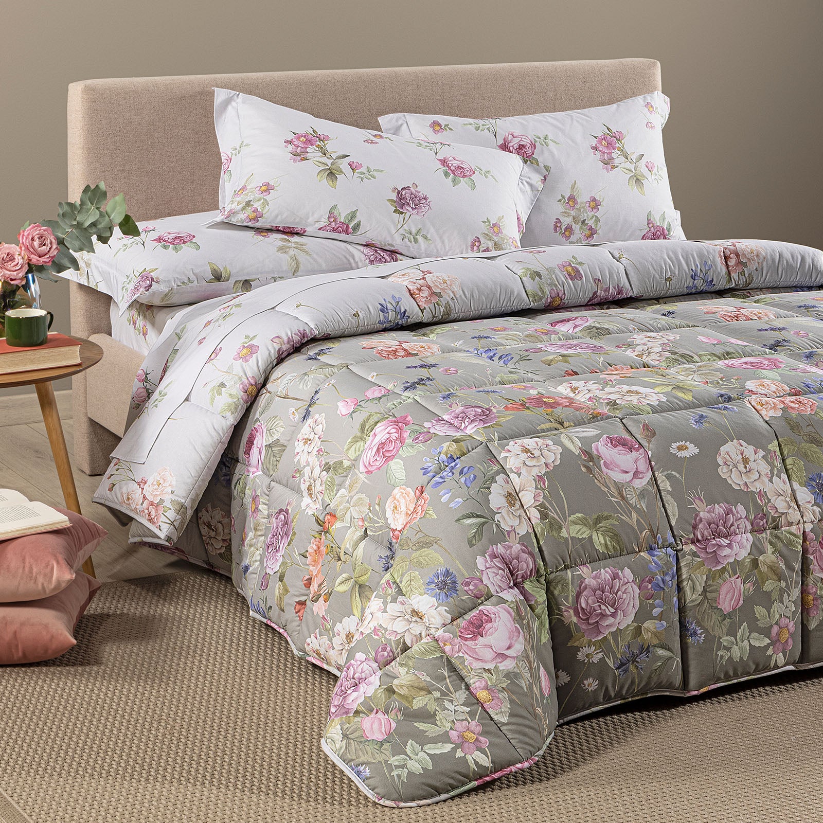 Trapunta In Cotone Giardino Romantico Matrimoniale Tortora Caleffi