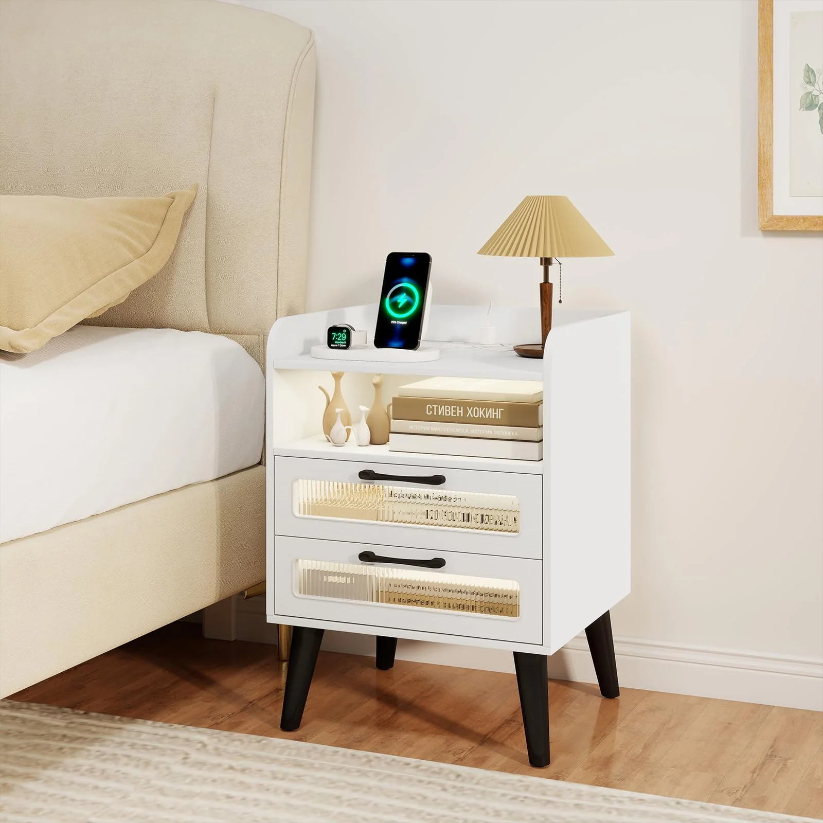 BEFOUNDLOVELY Nightstand with Charging Station and LED Lights(1/2)