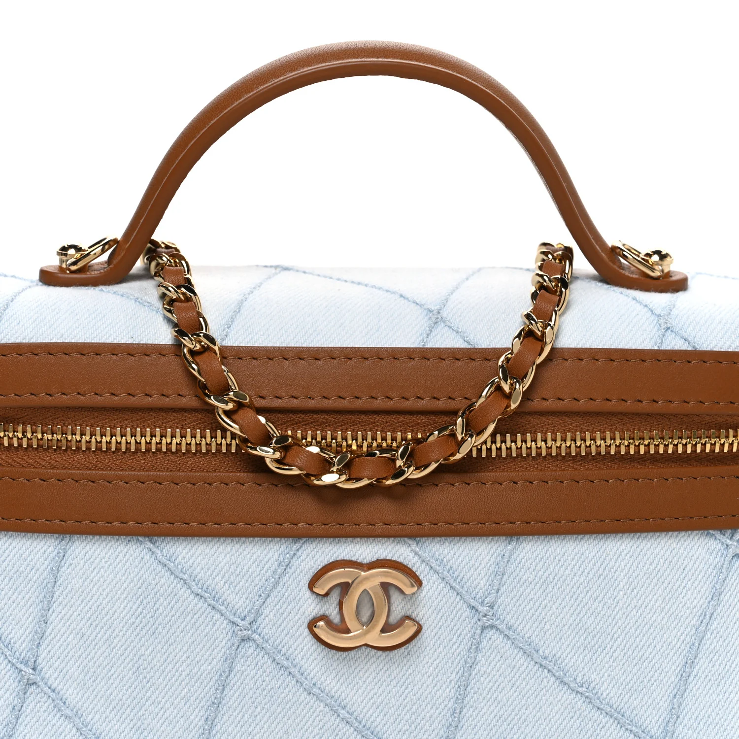 Washed Denim Calfskin Quilted Top Handle Slim Vanity Case With Chain Blue Brown - Top Club