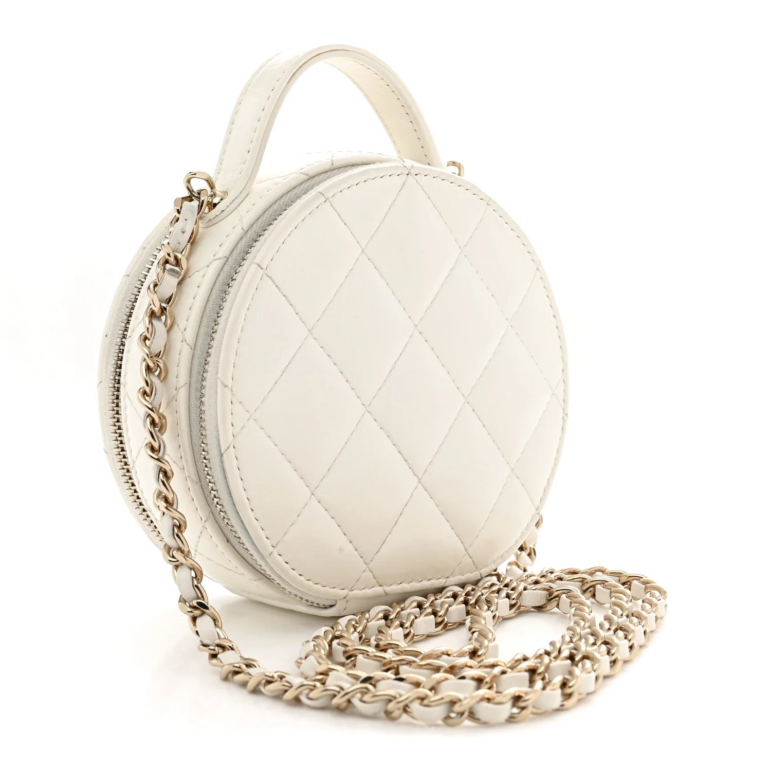 Lambskin Quilted Round Handle With Care Vanity With Chain White - Top Club