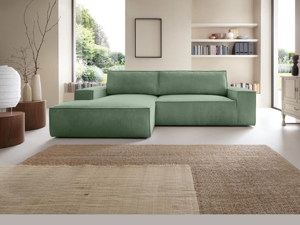 Sofá cama rinconera izquierdo de terciopelo grueso color verde almendra
