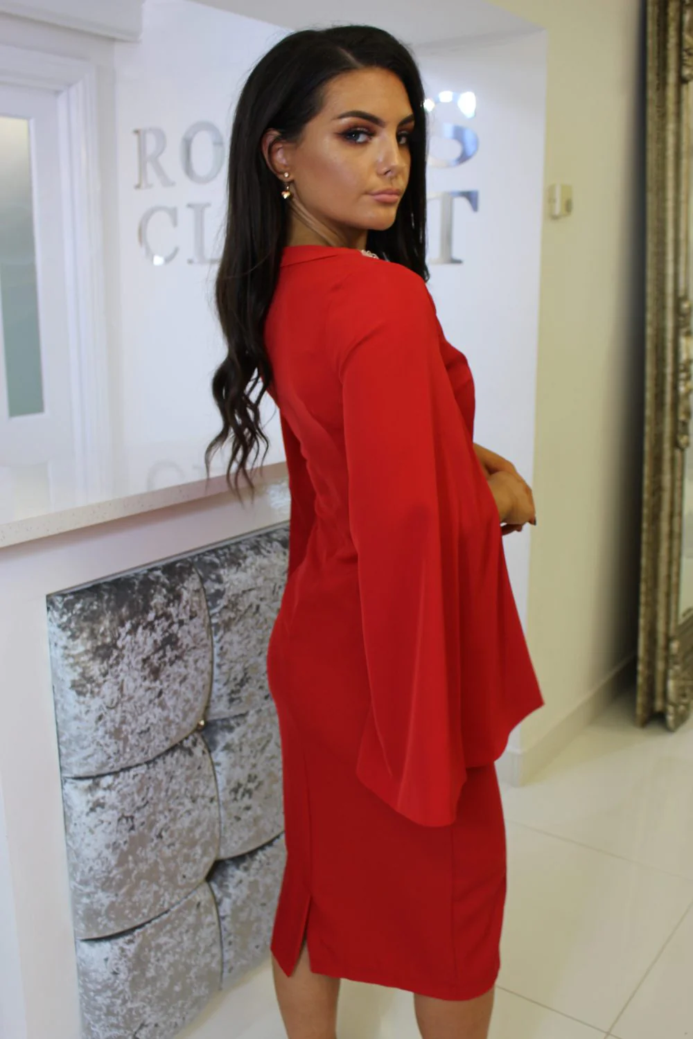 Red Midi Dress With Split Cape Sleeves