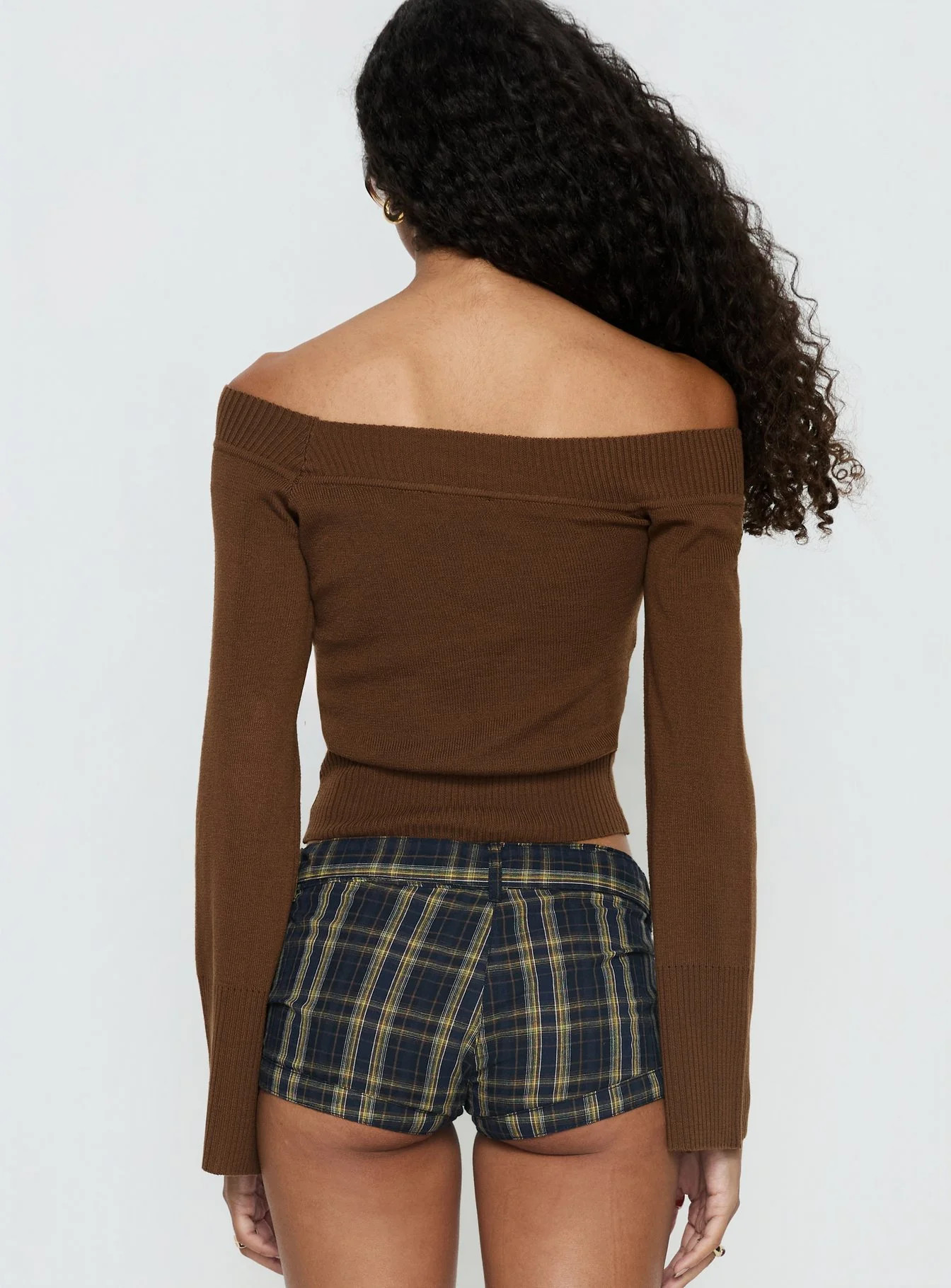 Perrey Long Sleeve Off Shoulder Knit Top Brown
