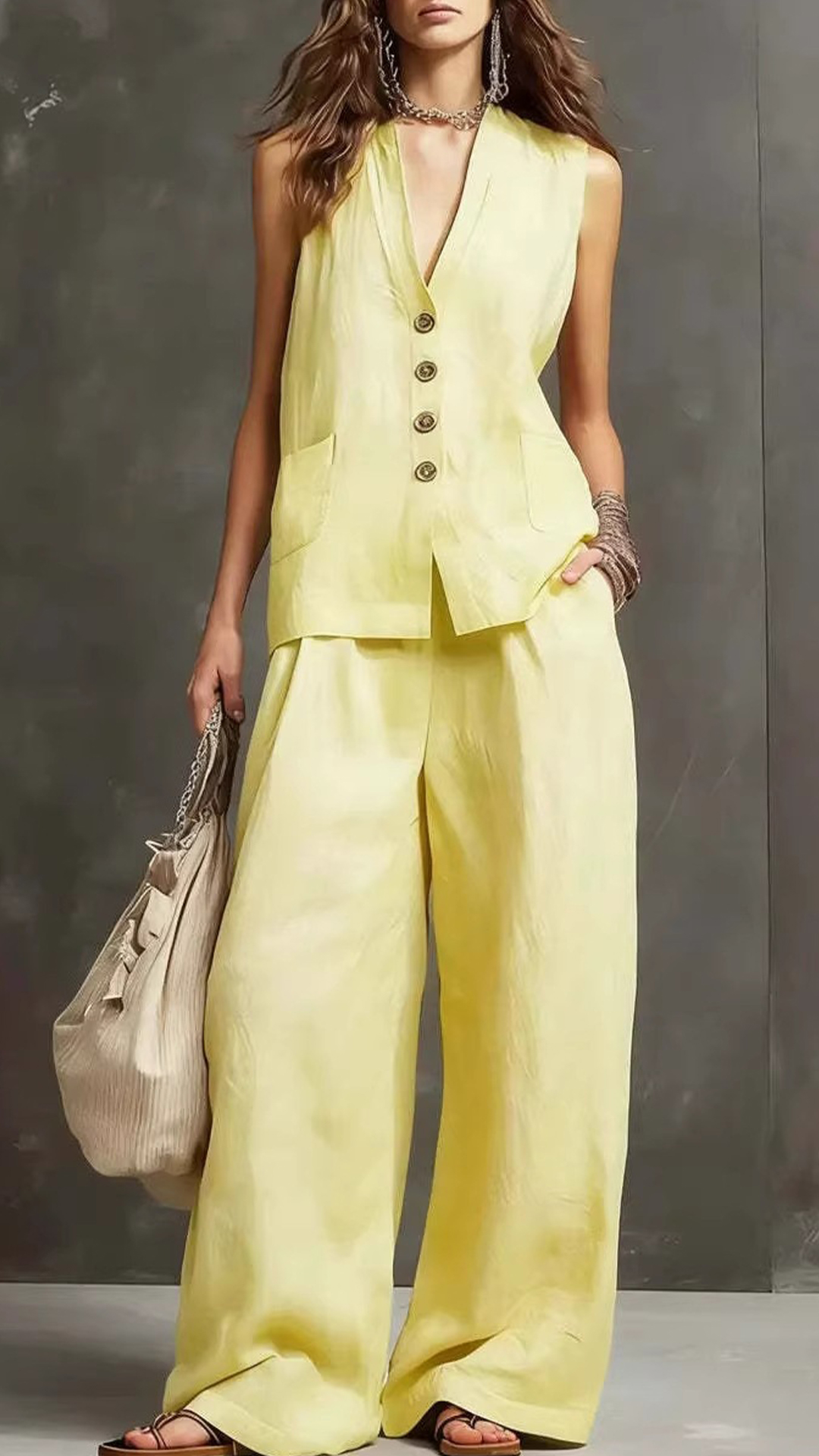 Women's Cotton-Blend Light Blue V-Neck Sleeveless Loose Set - Nordfashionstorm - Women's Clothing, Fashion for You - Nordfashionstorm.com
