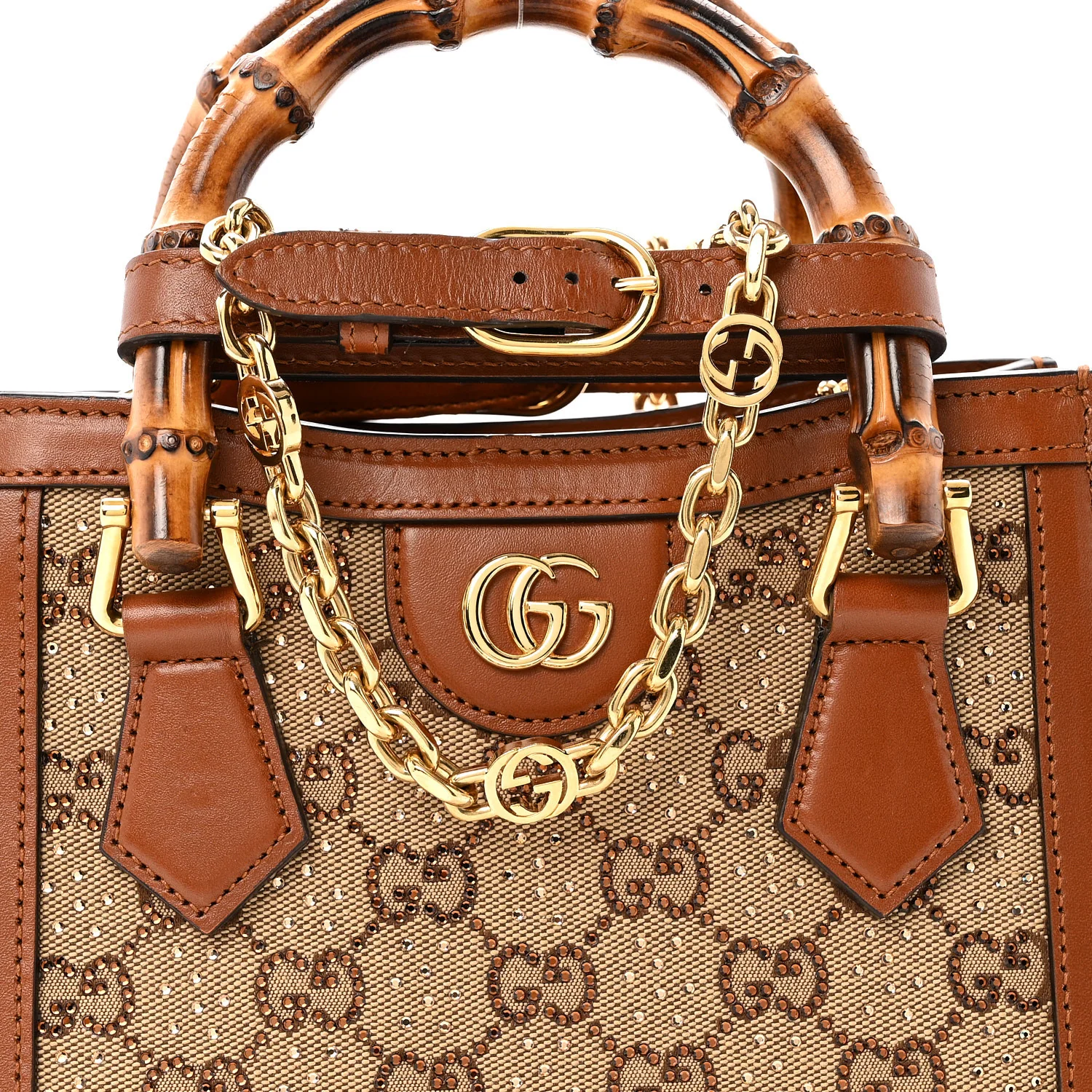 New Canvas Charisma Calfskin Crystal GG Monogram Mini Diana Tote Bag Camel Ebony - Top Club
