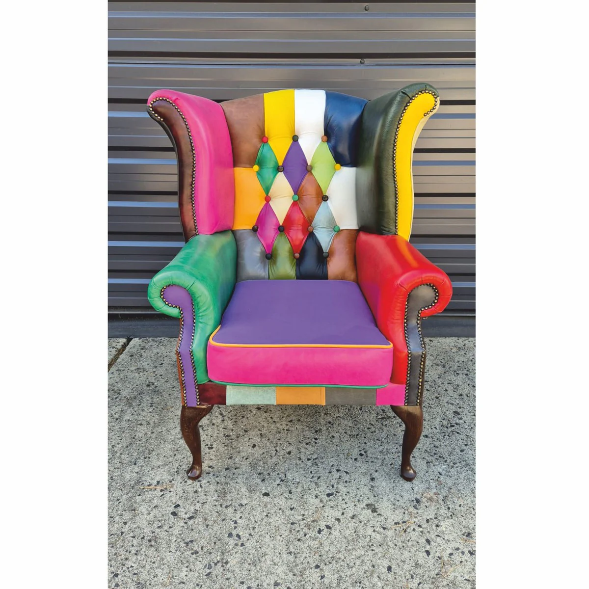 Luxury Chesterfield Wing Chair Colorful / Dark Brown - Patchwork Real Leather Furniture