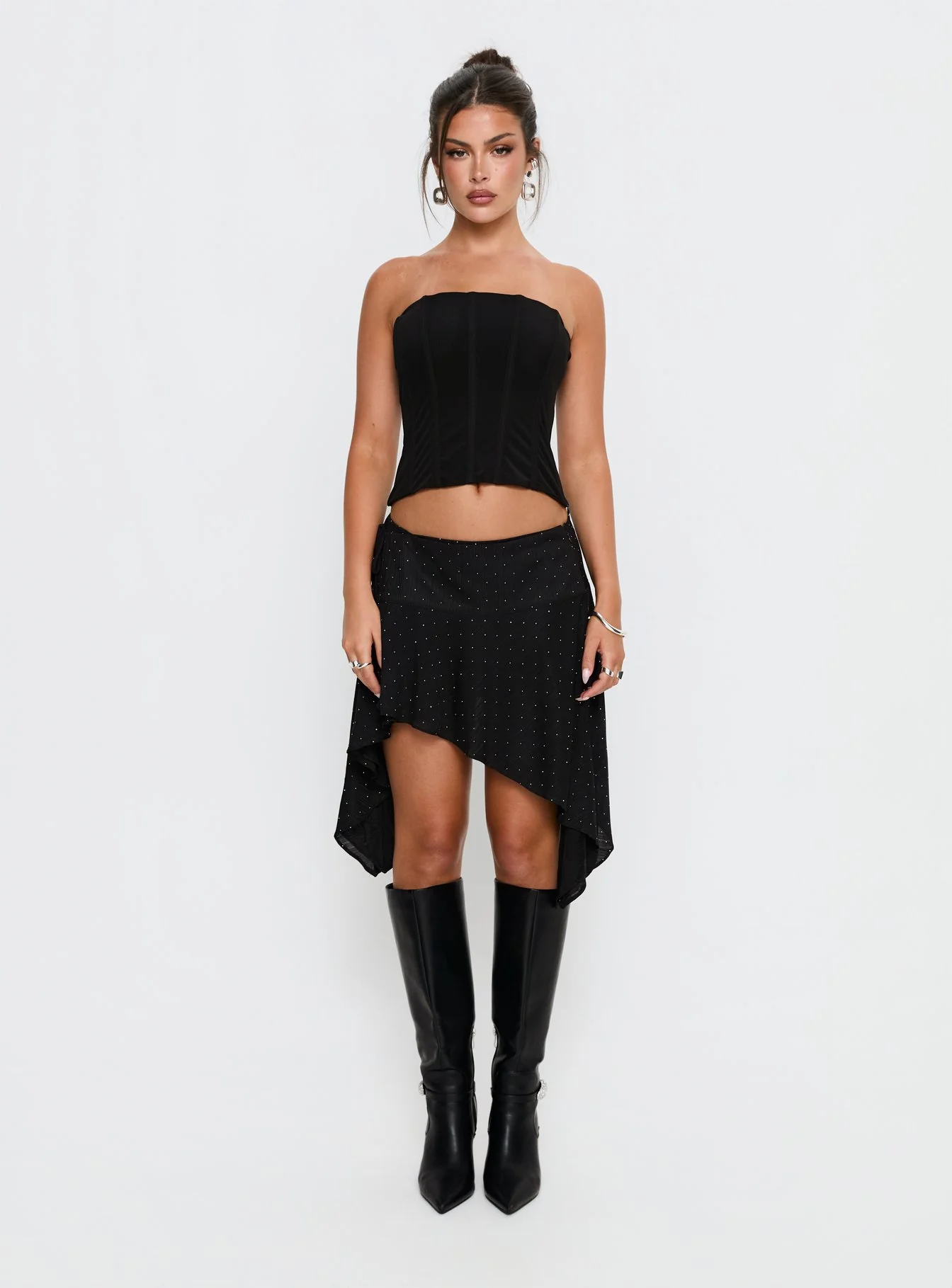 Hevenna Asymmetrical Plisse Mini Skirt Black Diamante