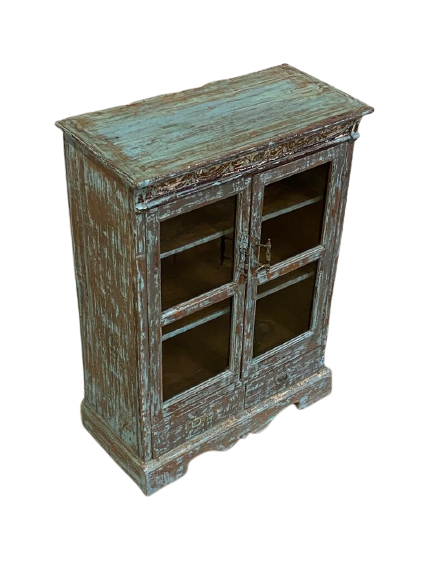 Kast glas UNIEK 2 deur en 2 lades blauw/bruin Vitrinekast Uniek blauw/bruin