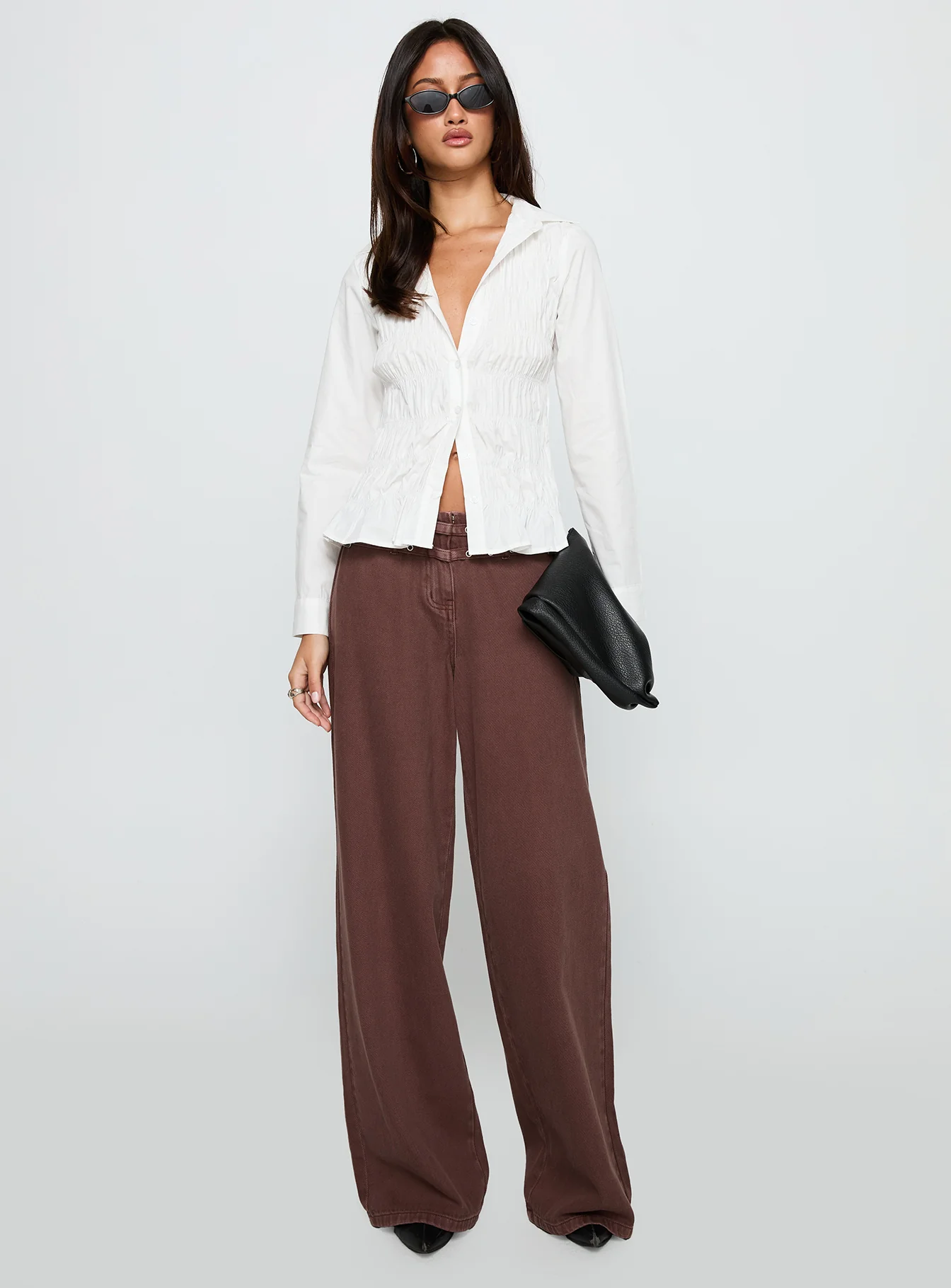 Cultivate Shirred Long Sleeve Top White