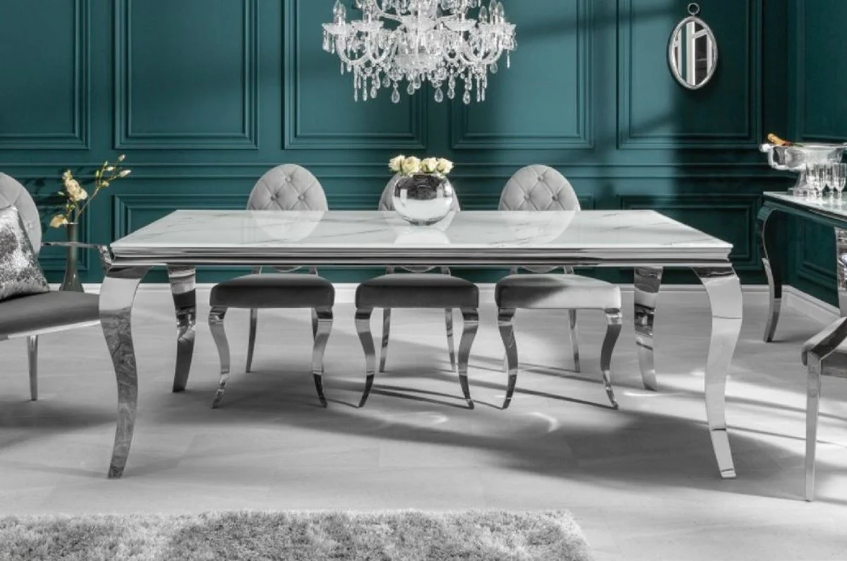 Designer dining table white / gray / silver 180 x 95 x H. 75 cm - Rectangular stainless steel kitchen table with digitally printed safety glass in a marble look - Modern baroque furniture