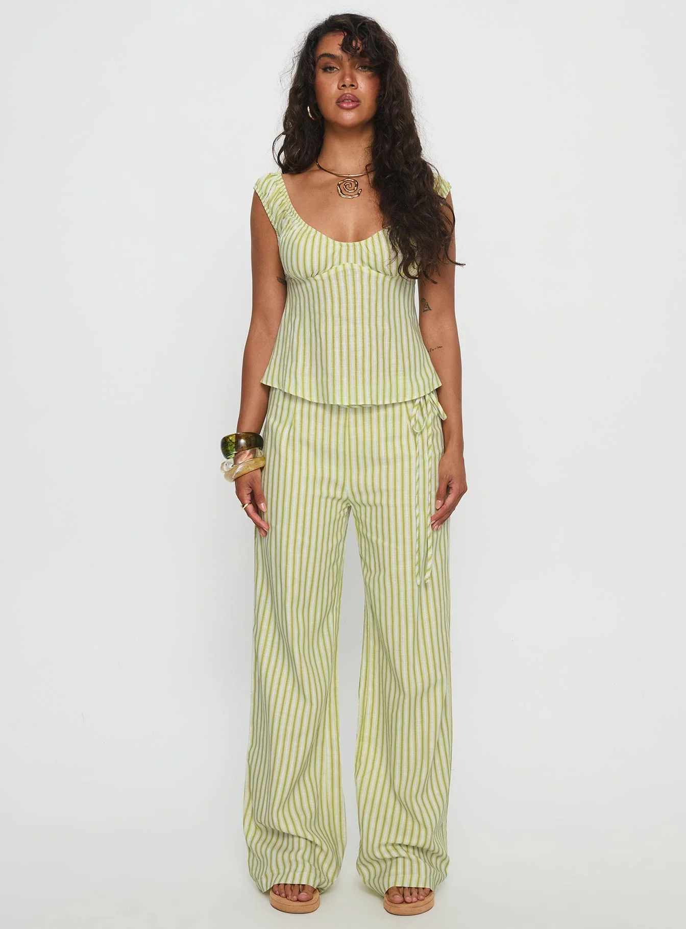 With Pleasure Tie Side Pant Green / Blue Stripe