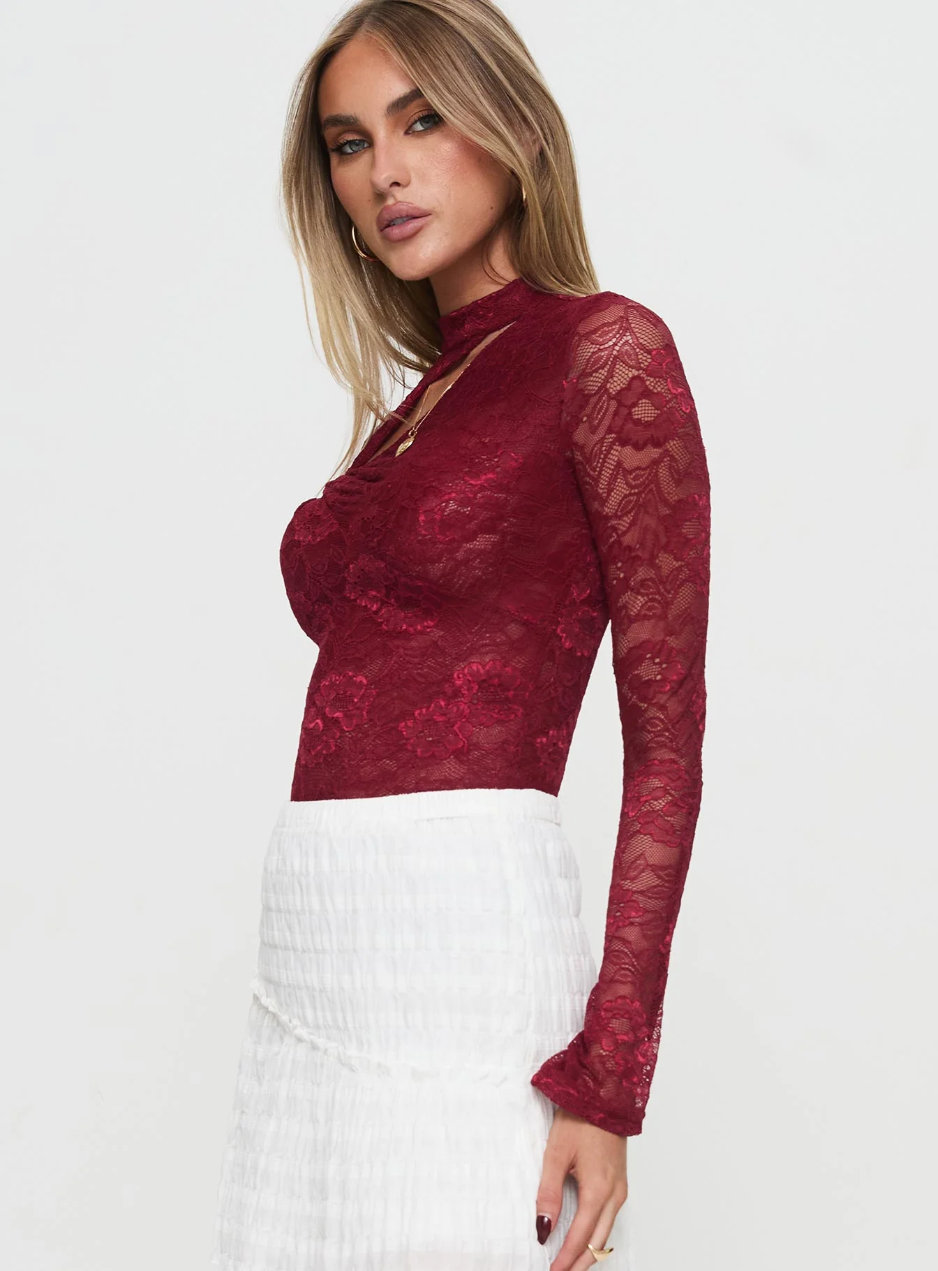 Twisted Humour Long Sleeve Lace Bodysuit Burgundy