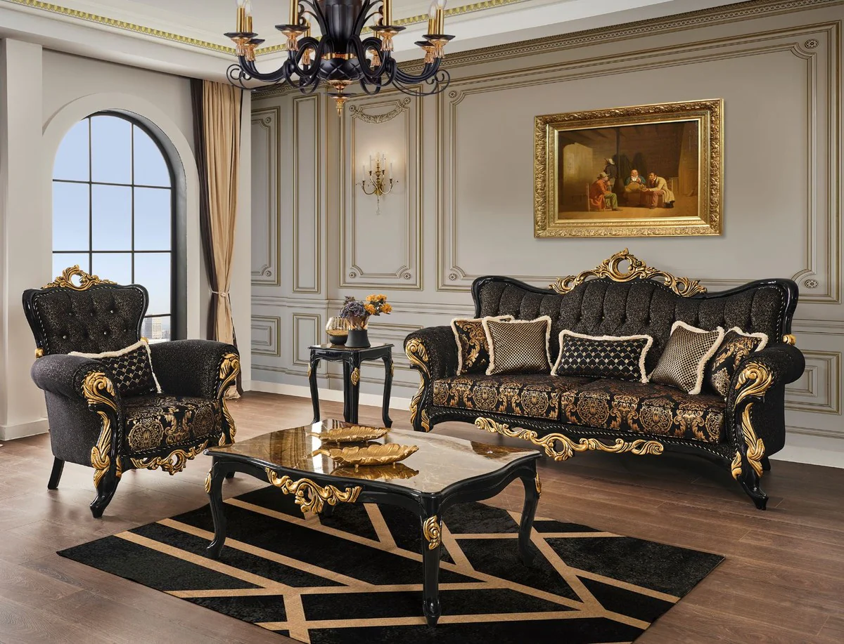 Luxury baroque side table brown / black / gold 46 x 44 x H. 60 cm - magnificent solid wood table with table top in marble look - baroque living room furniture
