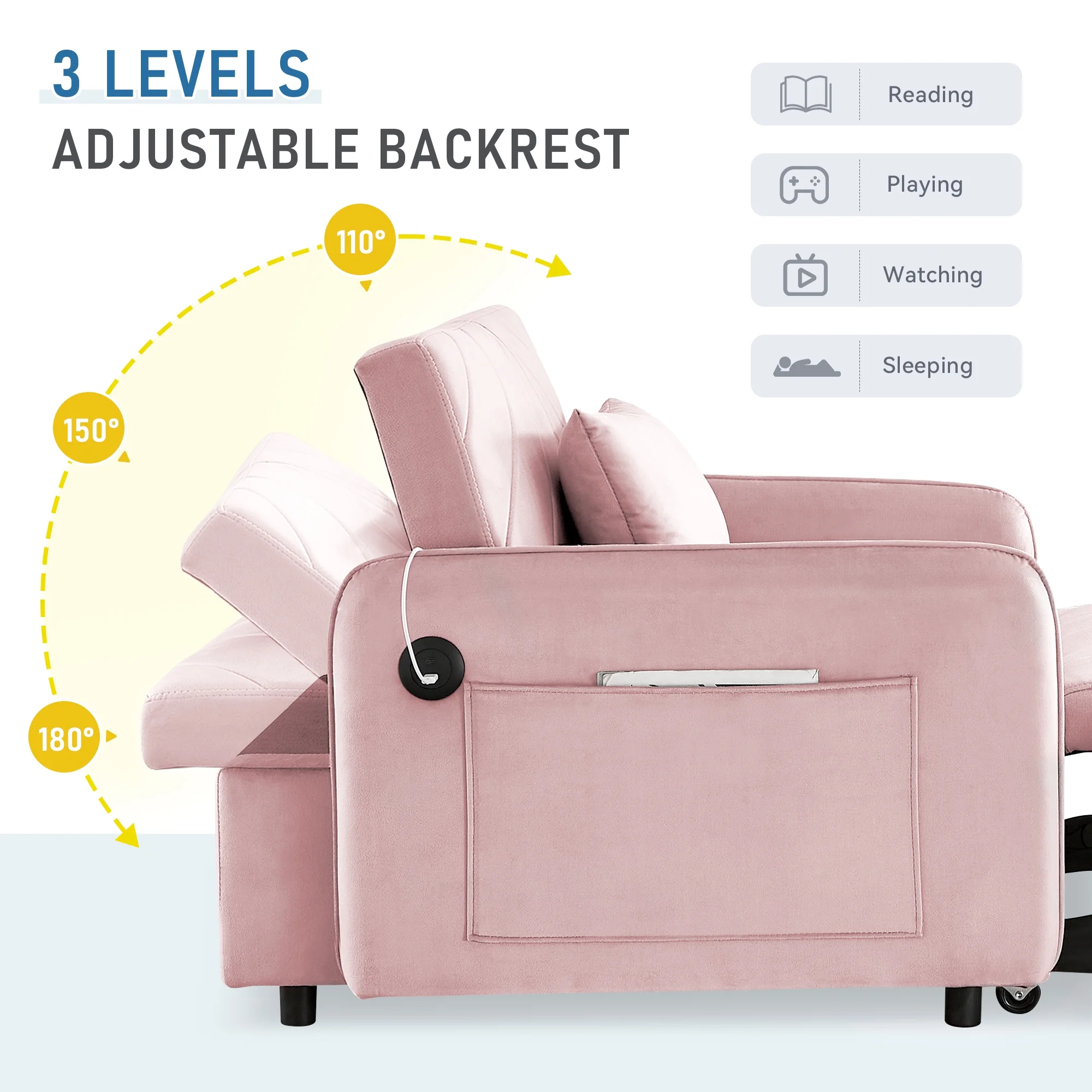 Lunale 3 - in - 1 Convertible Sleeper Chair Bed, Indoor Lounge Chair with USB/Type - C Charging Ports, Modern Recliner Sofa for Living Room, Gray Velvet