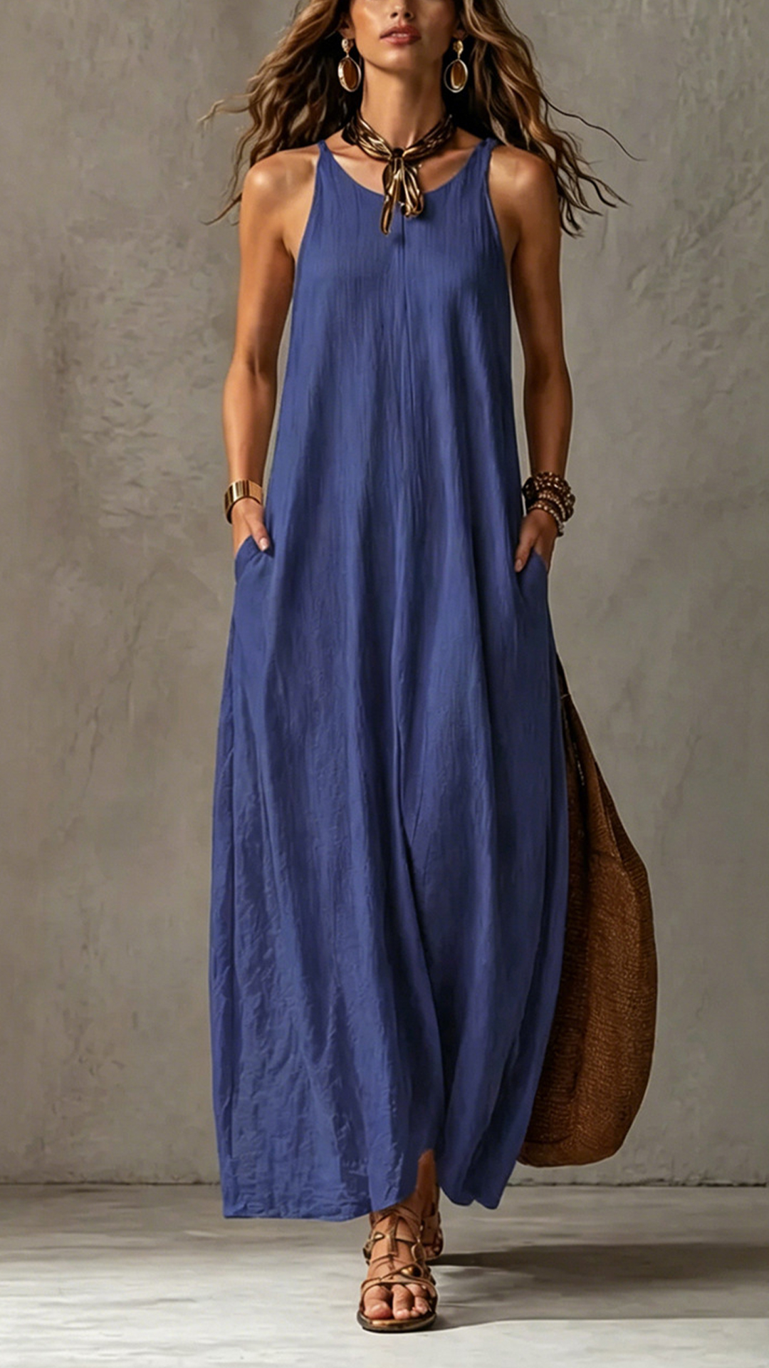 Women's Cotton‑blend Round‑neck Sleeveless Loose Draping Maxi Dress - Nordfashionstorm - Women's Clothing, Fashion for You - Nordfashionstorm.com