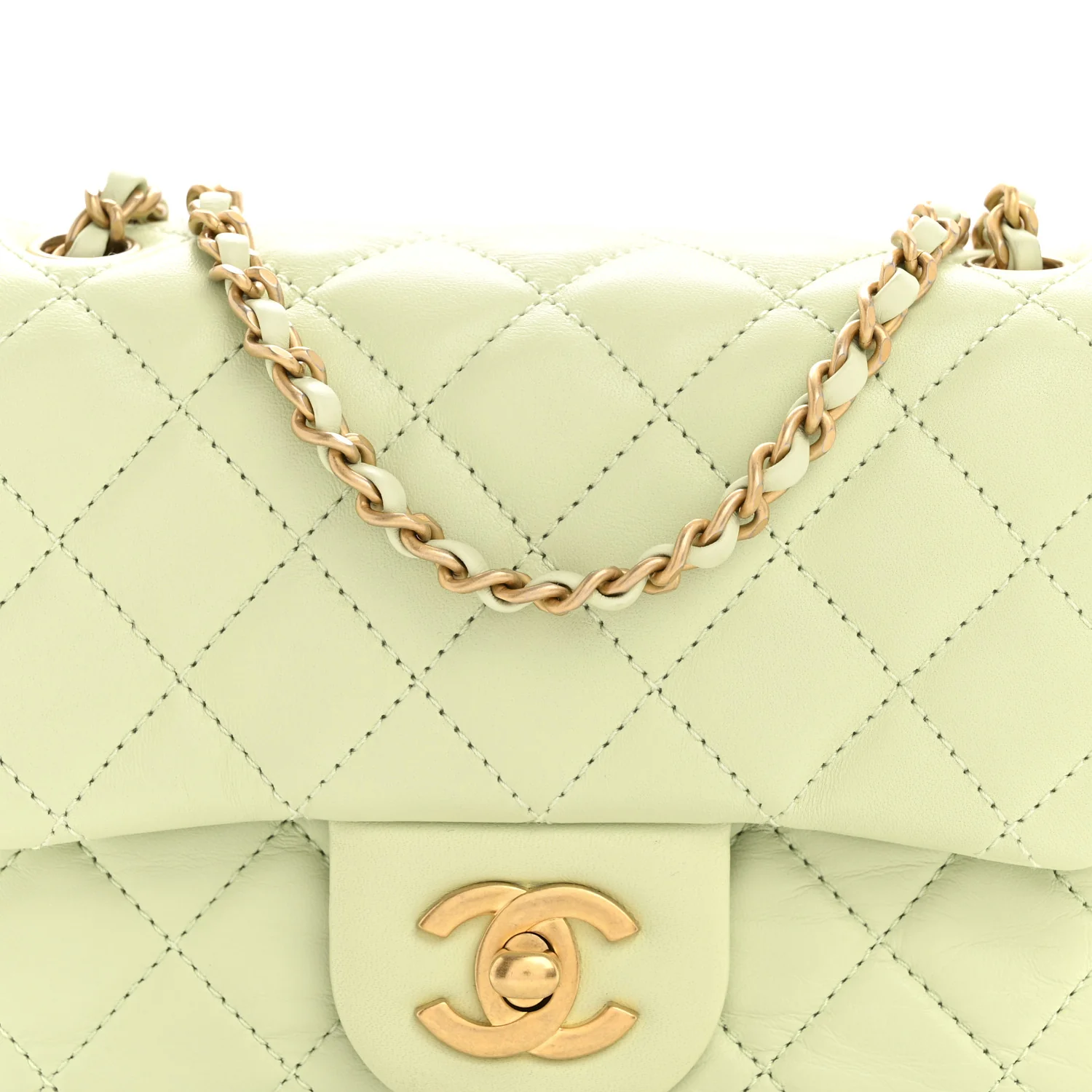 Lambskin Quilted Mini Pearl Crush Flap Light Green - Top Club